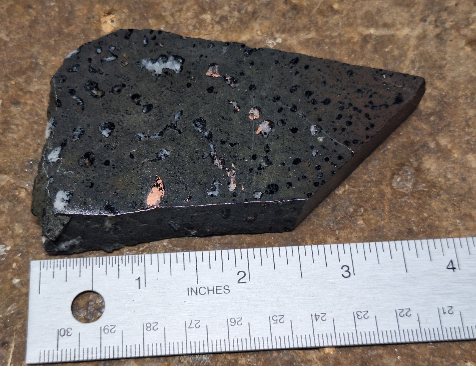 Stone Slab w Copper and Calcite in Basalt and More – Polished Display Specimen