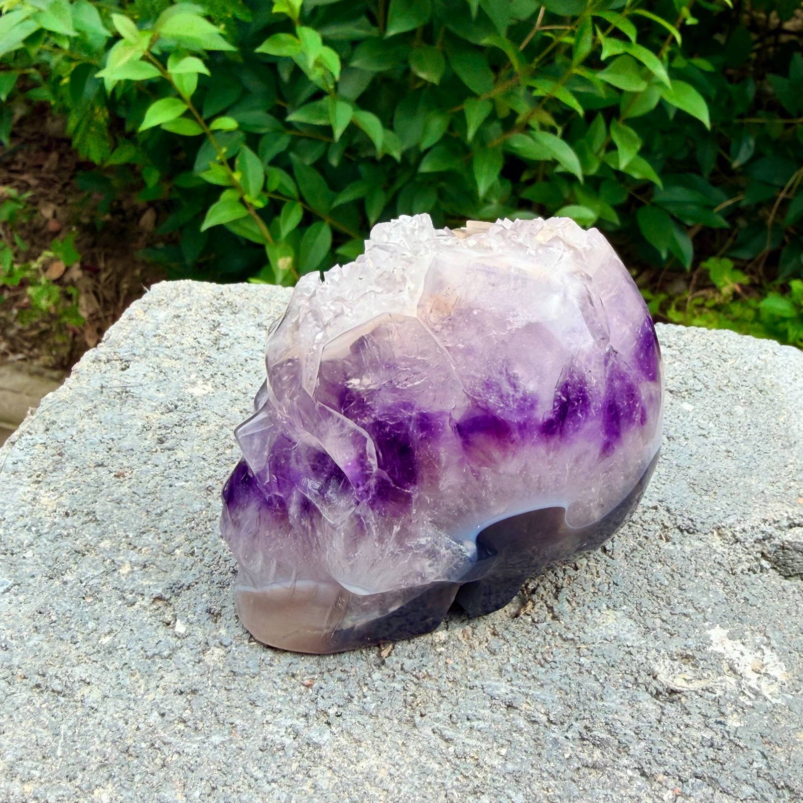 493g Amethyst agate crystal cave skull, Rare hand carved skull specimen