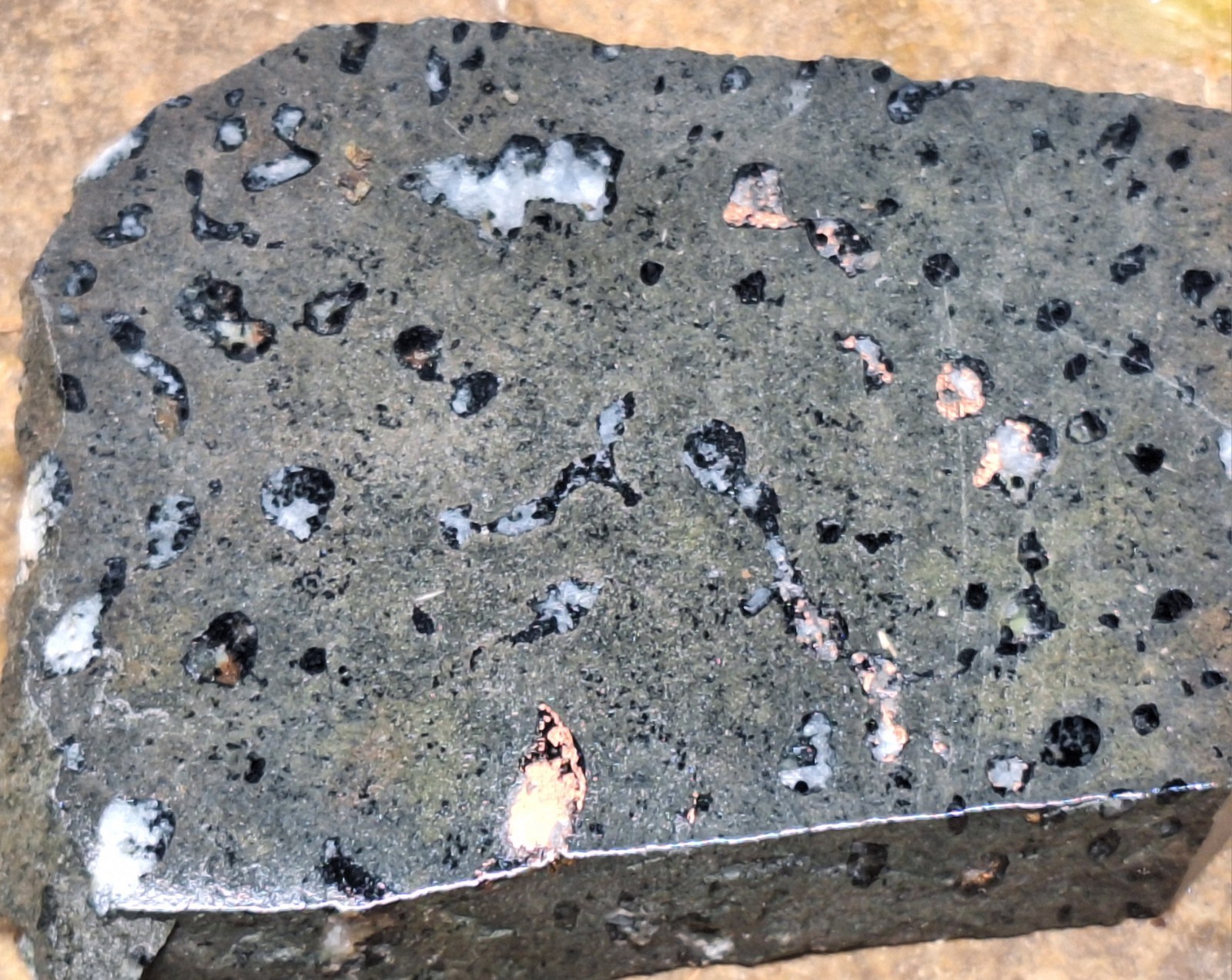 Stone Slab w Copper and Calcite in Basalt and More – Polished Display Specimen