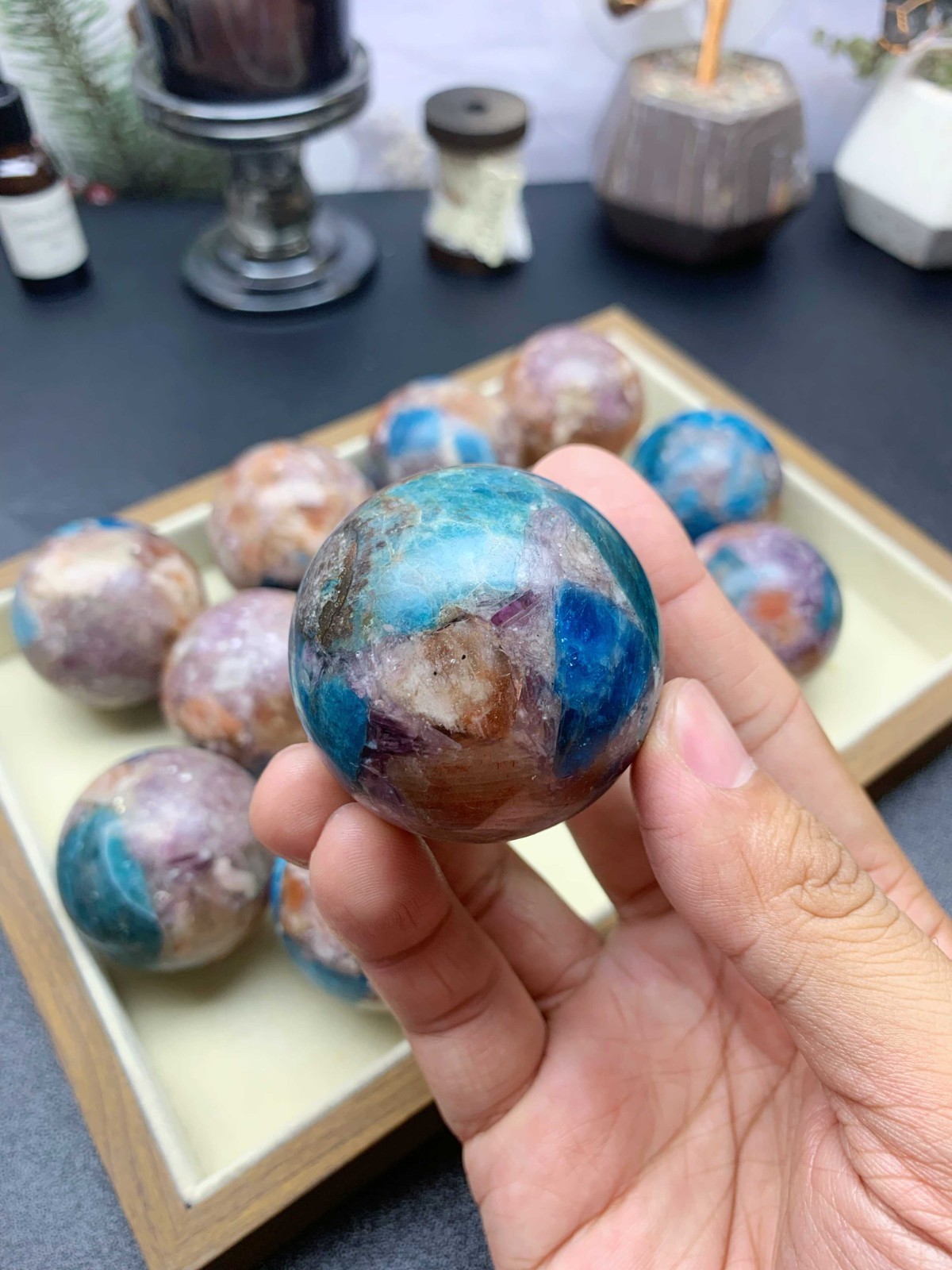 Composite Crystal Sphere 5cm, Apatite Sunstone Purple Mica with Wooden Stand