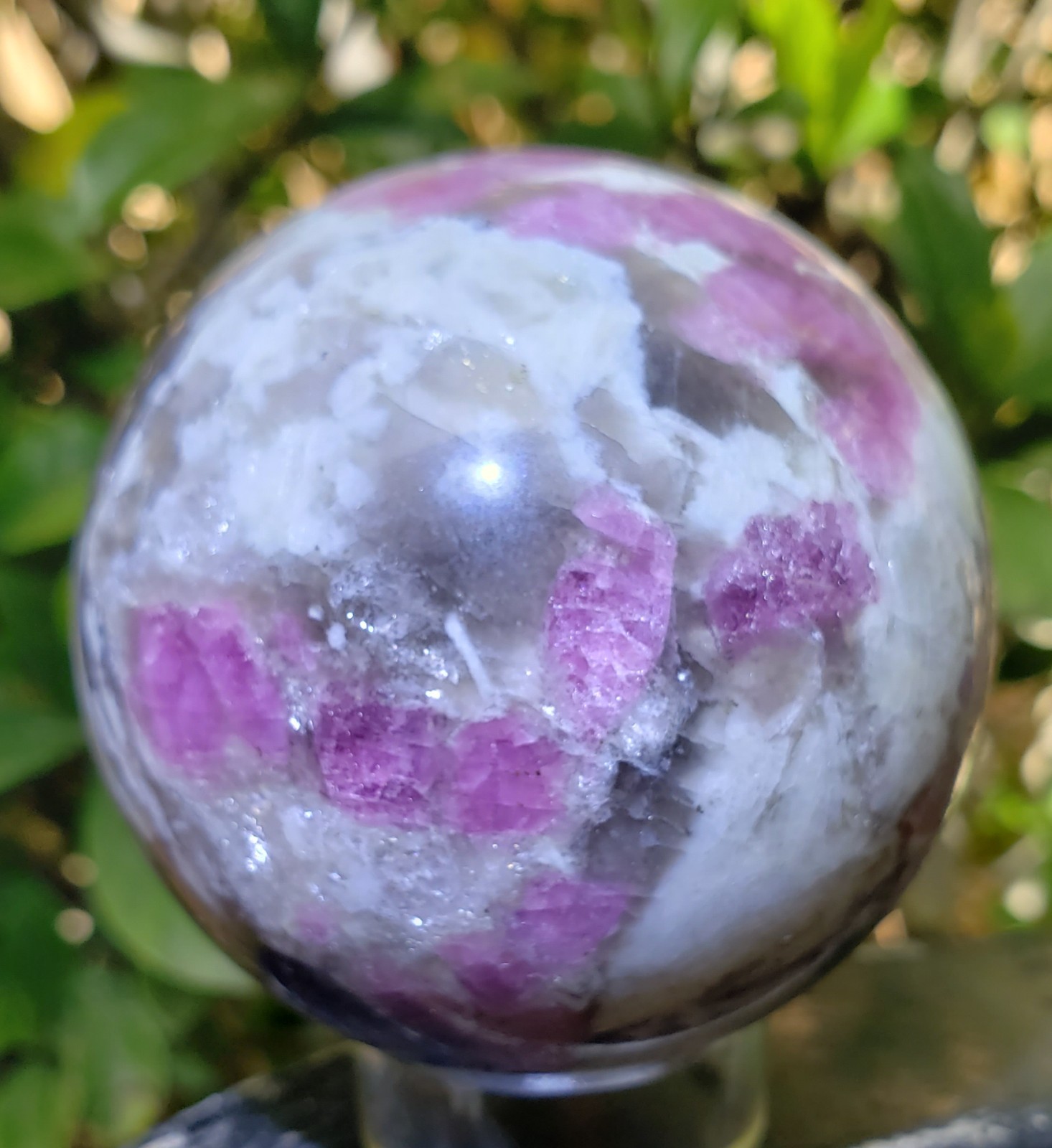 2.49″ Pink Tourmaline Smoky Quartz White Albite UV Crystal Sphere Orb Ball, 356g