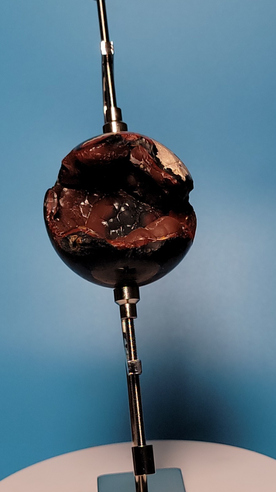 93G Natural Volcanic Red Agate QUARTZ Crystal Sphere and Aluminum Display Stand
