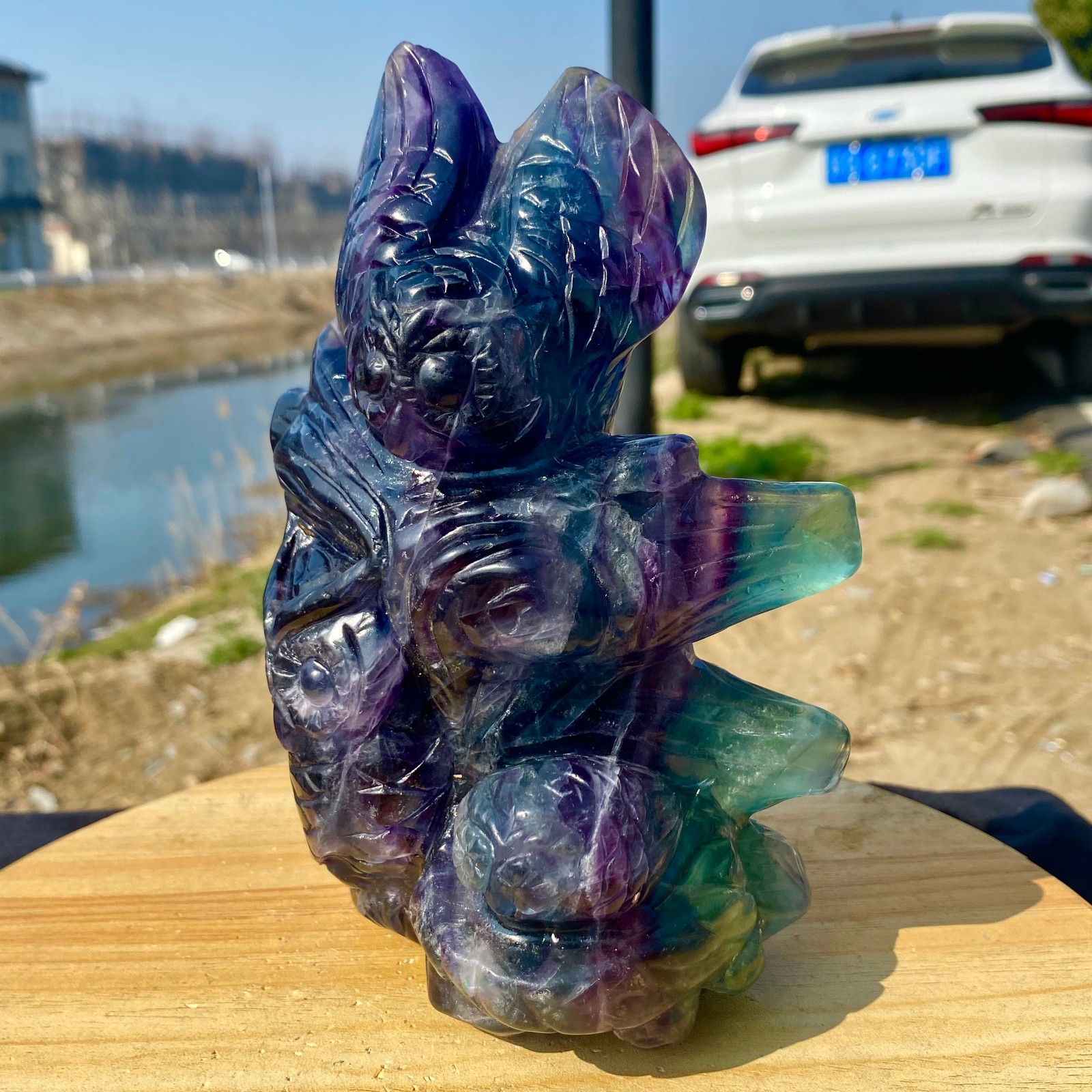 3.63LB Natural Fluorite Quartz Owl Sculpture Hand Carved Crystal Reiki Energy