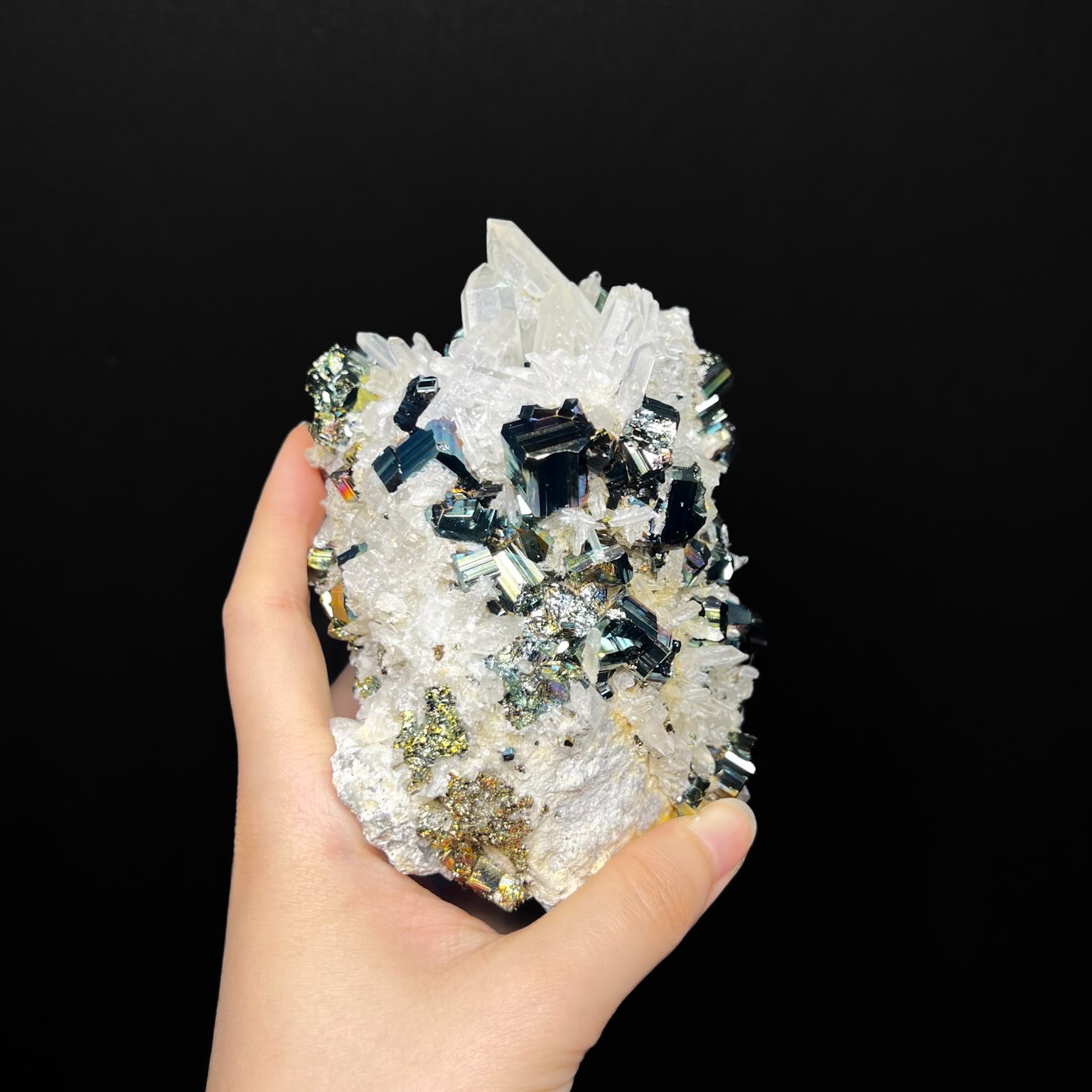 Iridescent Rainbow Pyrite Cube with Quartz Crystals from Indonesia