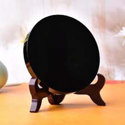 Natural Black Obsidian Mirror Crystal Scrying Plate Home Decoration with Stand