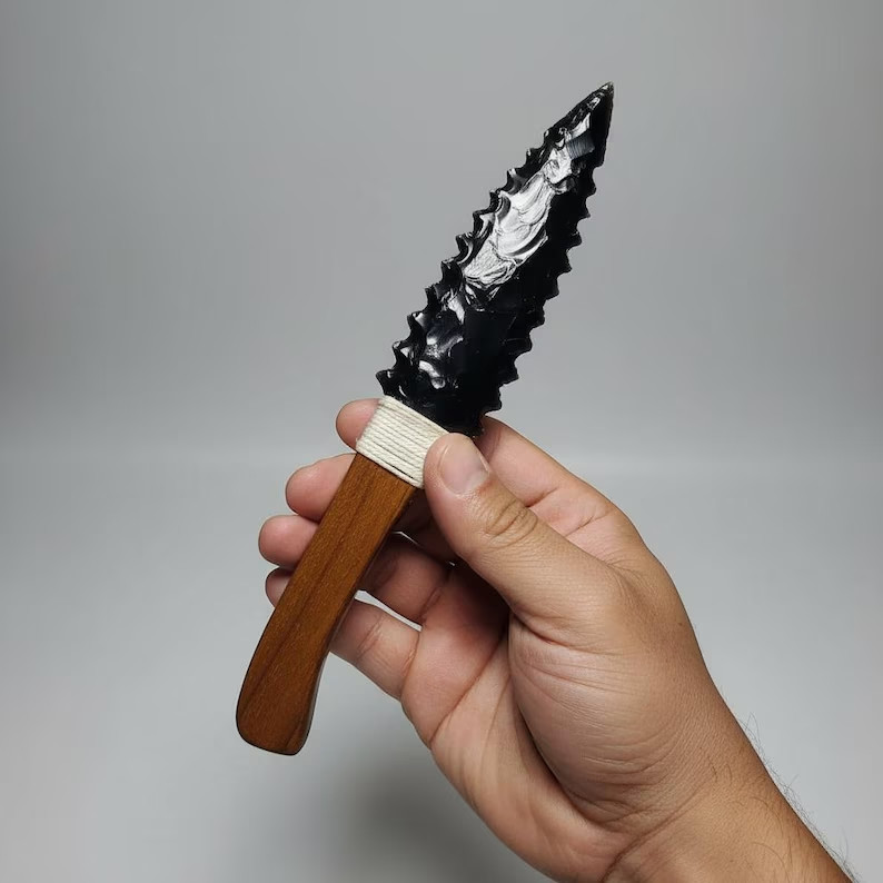 Natural Black Obsidian Knife Wooden Handle Handmade Volcanic Glass Blade