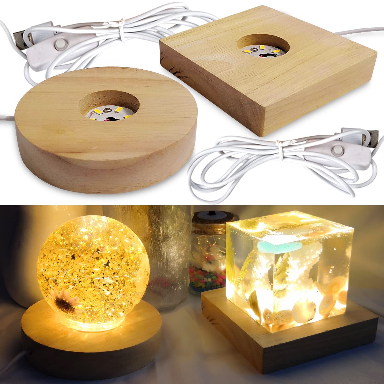 2 Pack LED Wooden Display Base Stand for Crystal Glass Art Resin Cylinder Lamp
