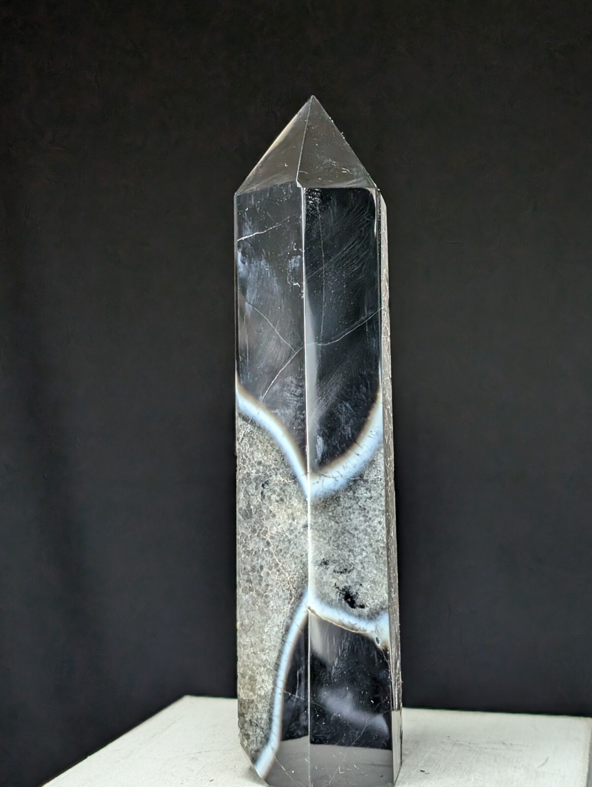 Agate Tower Black Banded Lace Point Quartz Lage Big Tall Crystal Gemstone