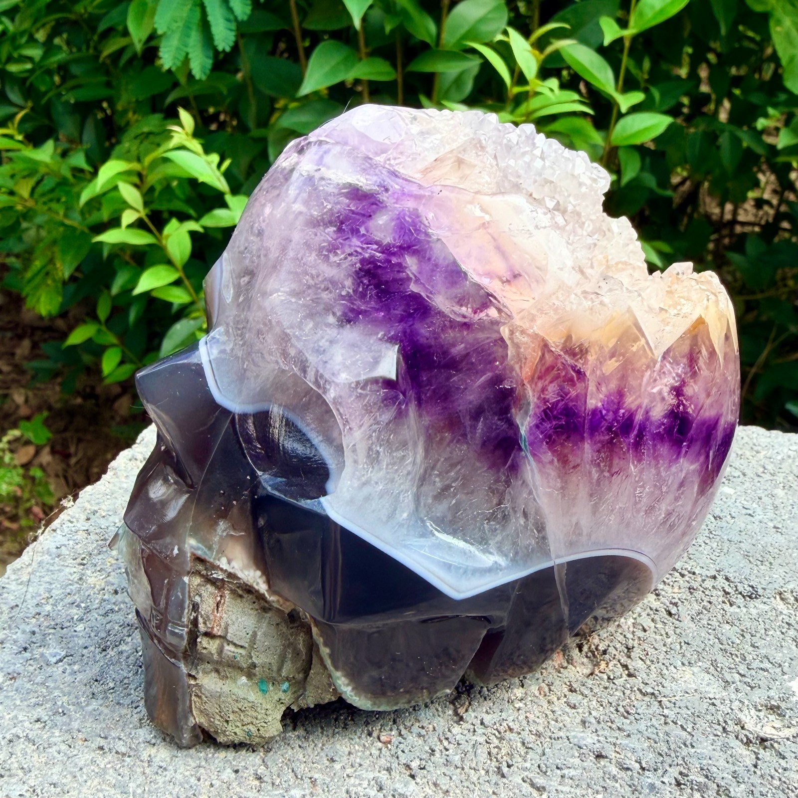 2.6lb Amethyst agate crystal cave skull, Rare hand carved skull specimen