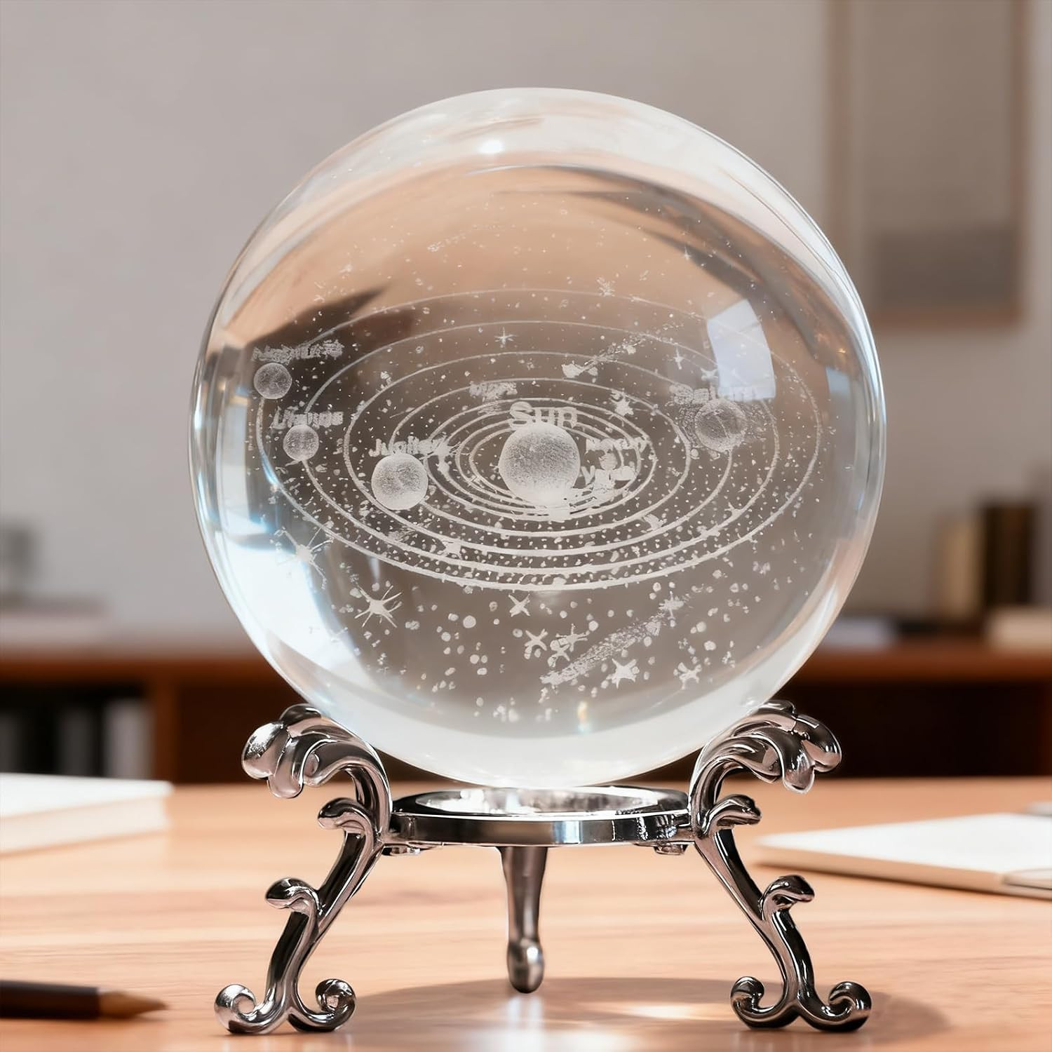 3D Solar System Crystal Ball with Stand 60Mm Laser Engraved Glass Sphere Planet