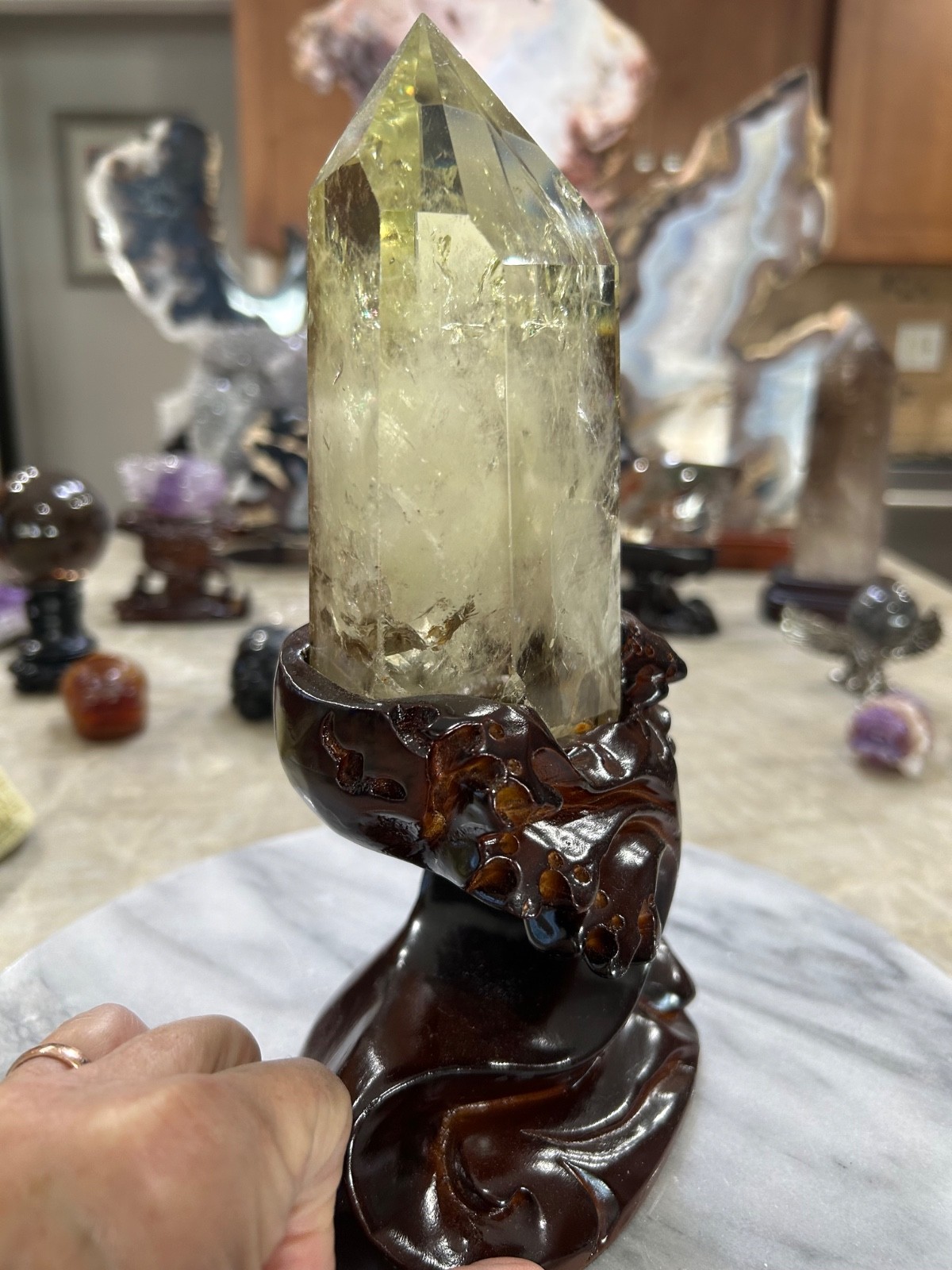 Citrine quartz crystal Freeform tower with custom wood stand