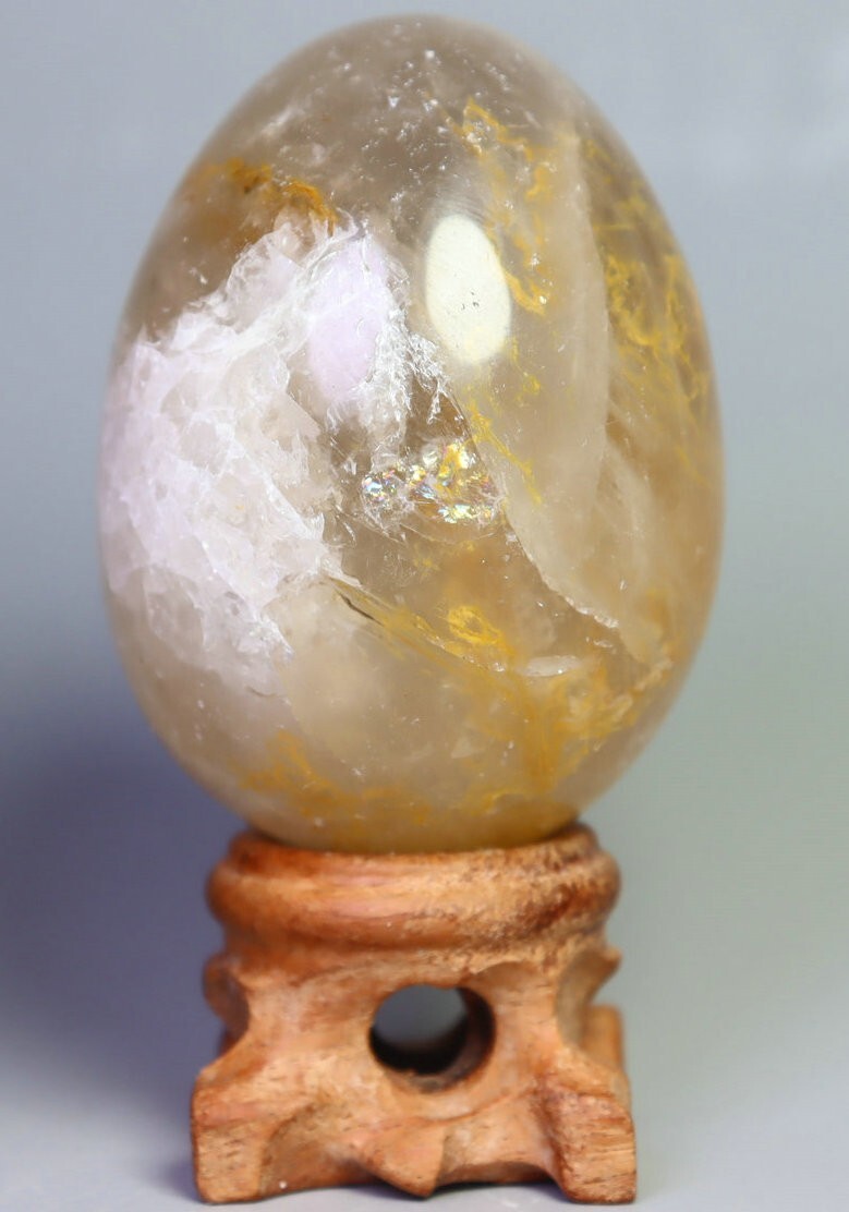 NATURAL Yellow PHANTOM MULTI INCLUSIONS Rainbow Quartz CRYSTAL Sphere Egg/Stand