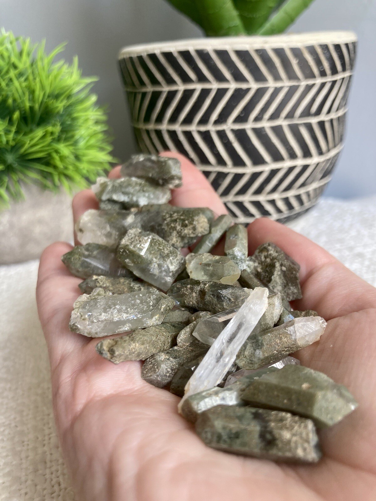 Natural Green Chlorite Quartz Crystal Points, Clusters, Raw Himalayan Quartz
