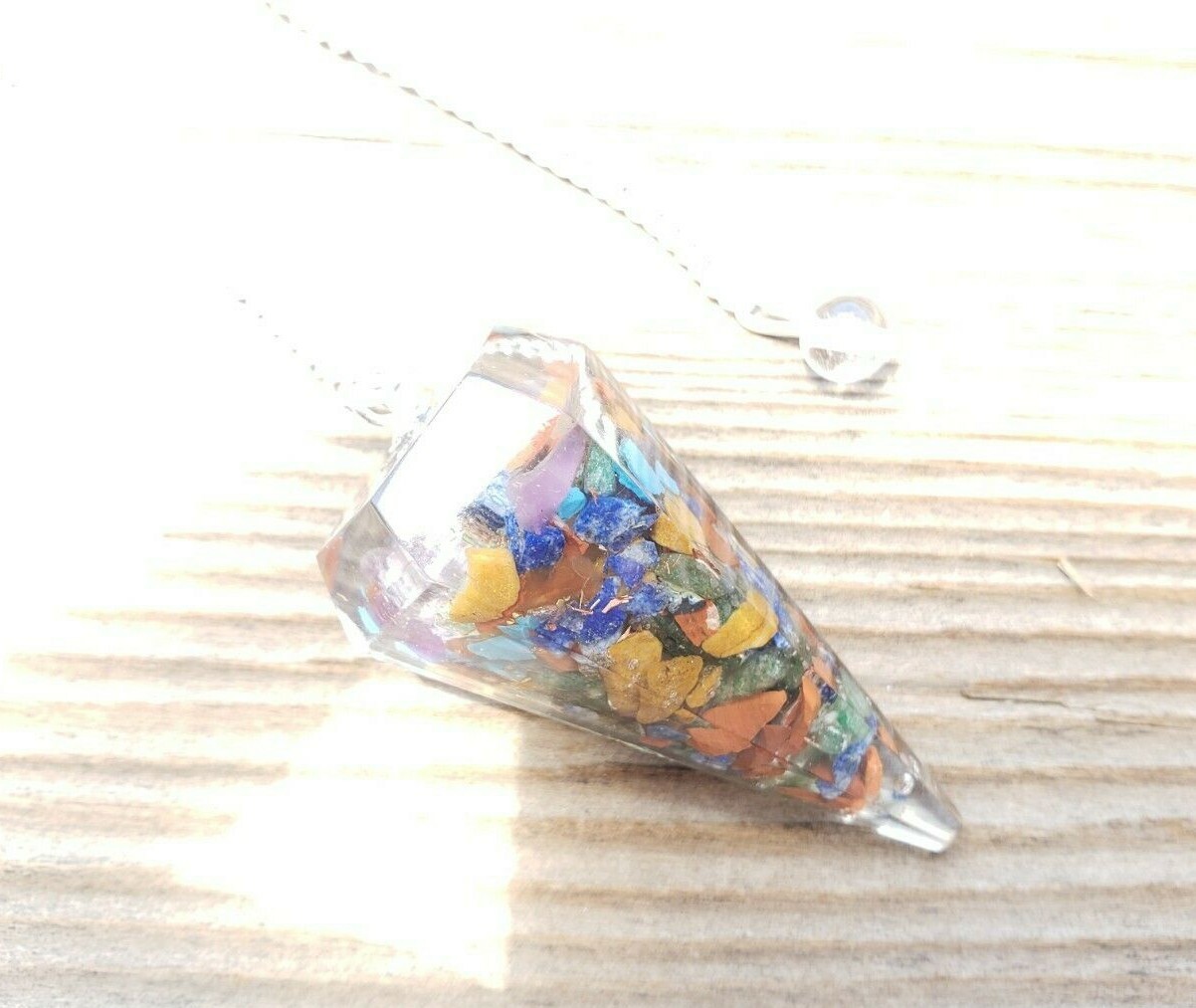 ORGONE 7 CHAKRA MIXED GEMSTONE FACETED ORGONITE PENDULUM