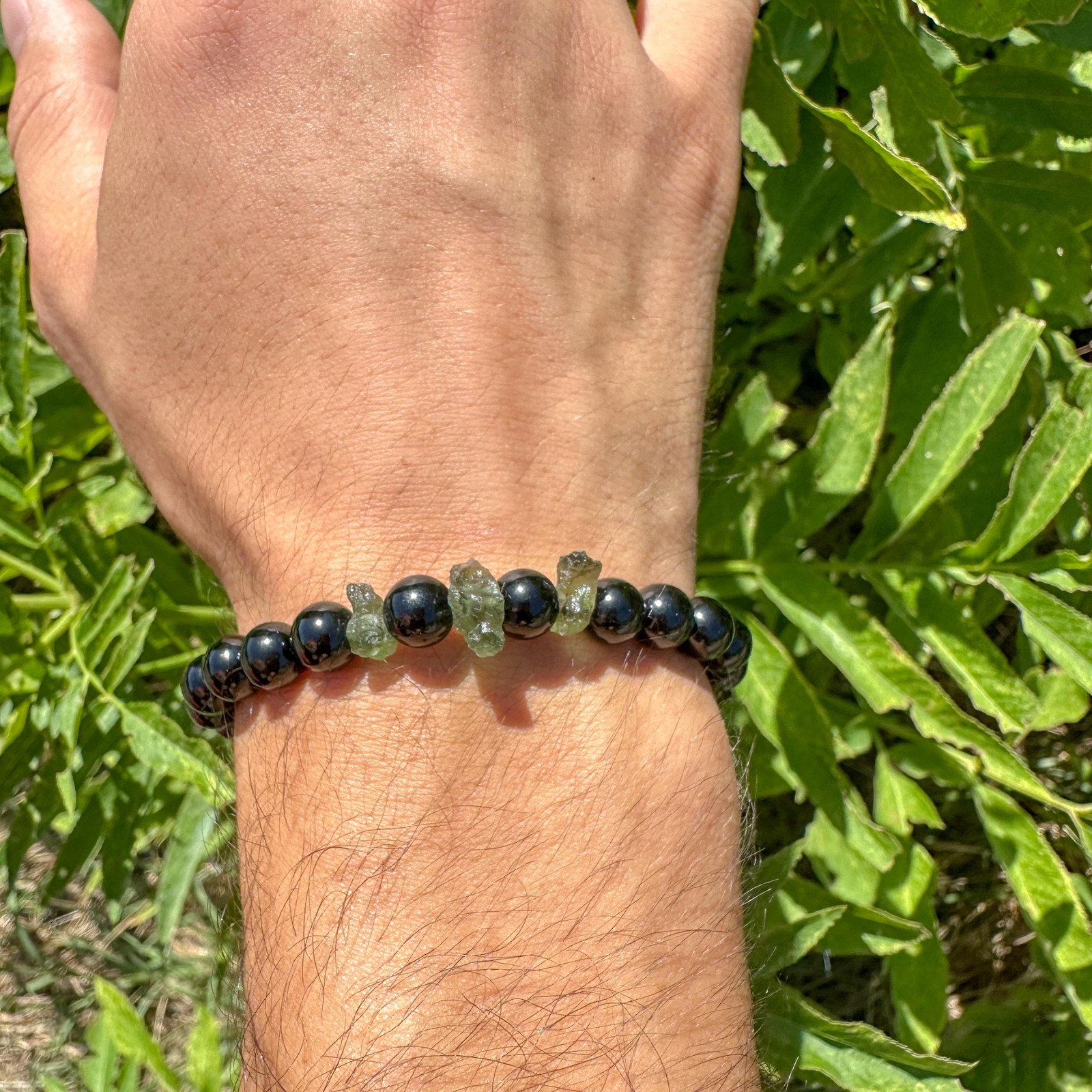Black Tourmaline + Moldavite Bracelet / Raw Natural Green Czech Republic Tektite