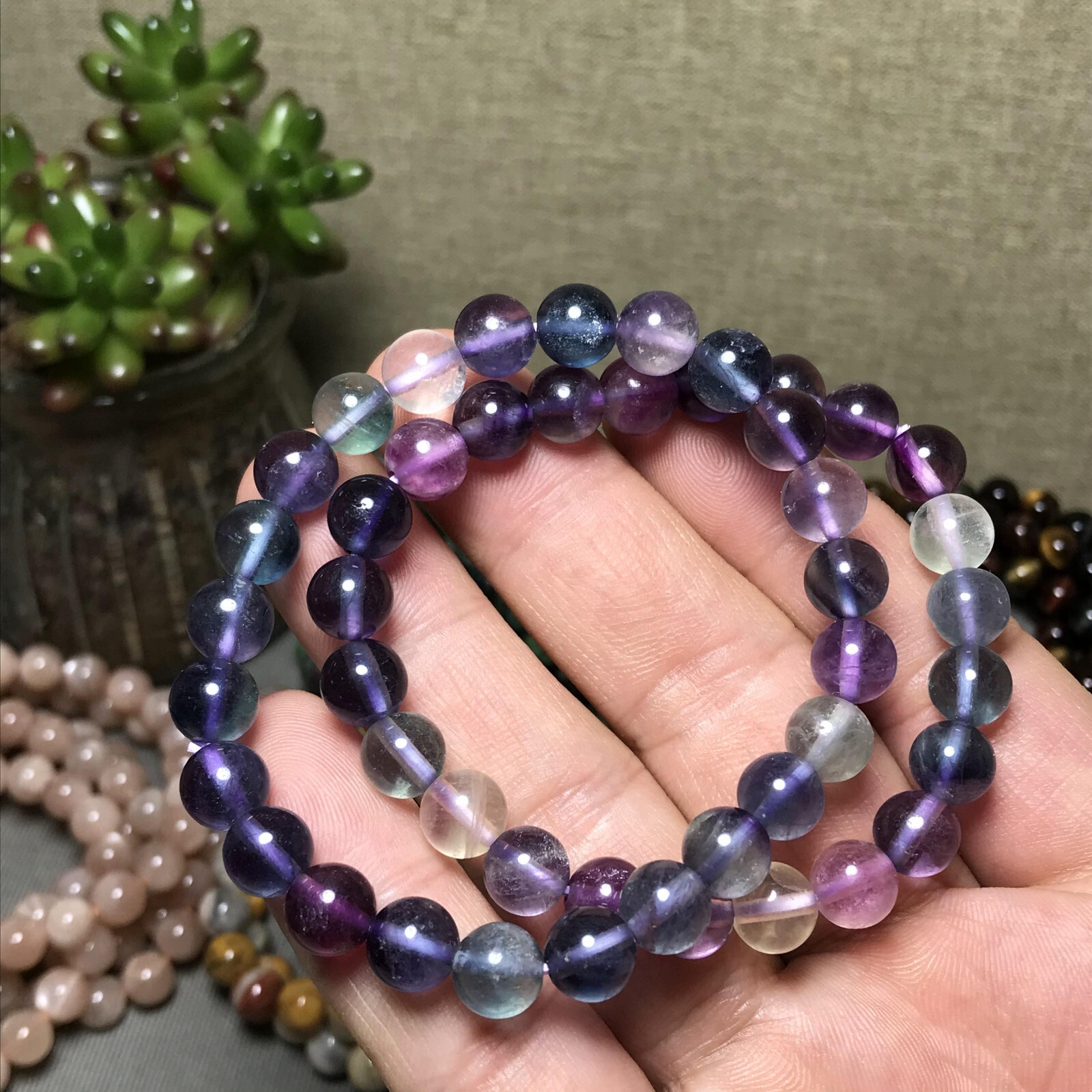 5Pcs Wholesal Natural Polish Rainbow color Fluorite crystal bracelets ball 8mm