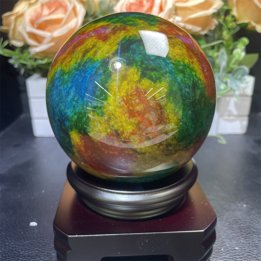 Random 1pc 3.8LB 3.8″Seven Color Stone Sphere Crystal Reiki Quartz Ball+Stand