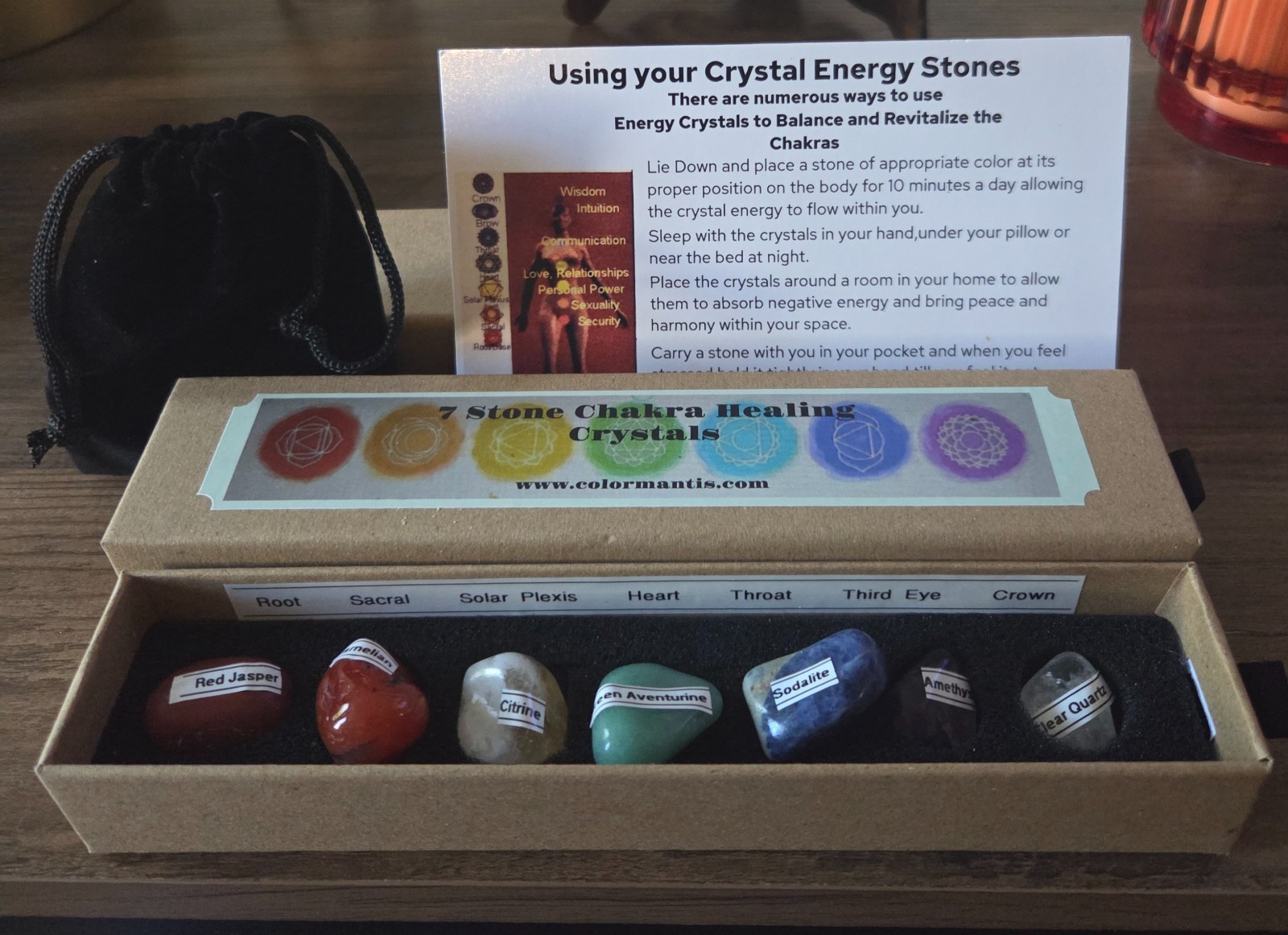 7 Stone Chakra healing set with natural tumbled stones and carry pouch