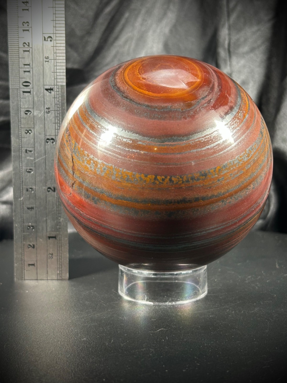 4.05″ Tiger Iron (AKA Mugglestone) Sphere With Acrylic Stand 4lb 5.5oz (1.968KG)