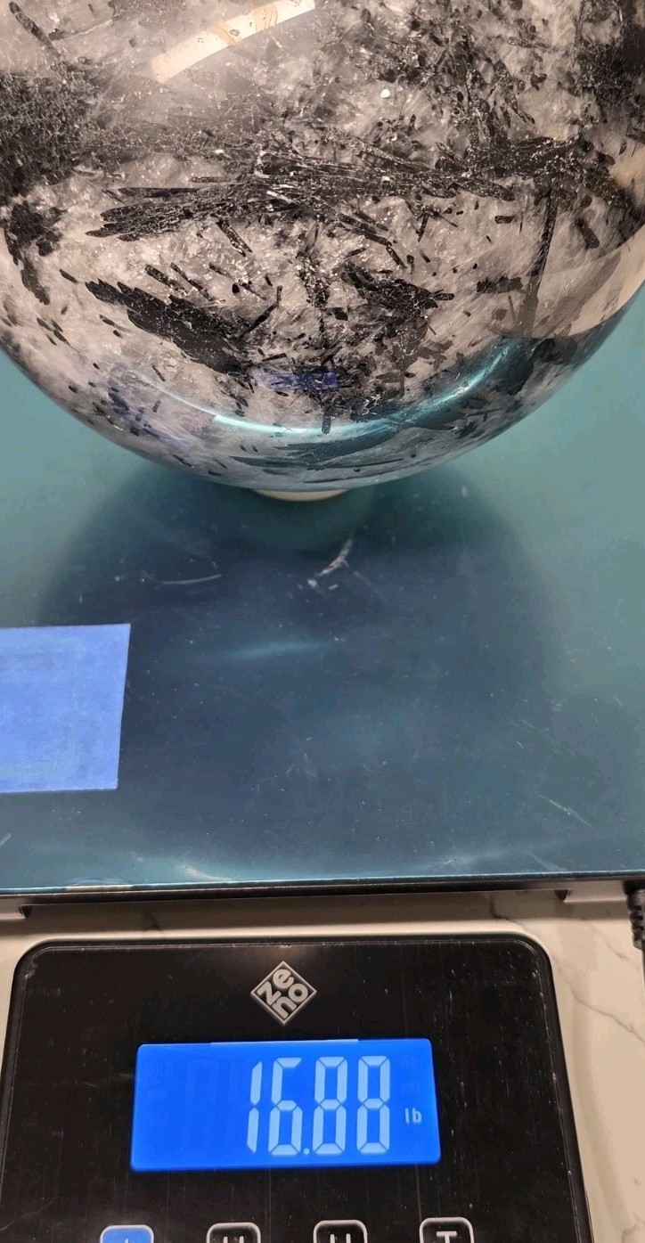 16.8LB 7″ Huge Tourmalinated Quartz Sphere Black Tourmaline Crystal Orb / Stand