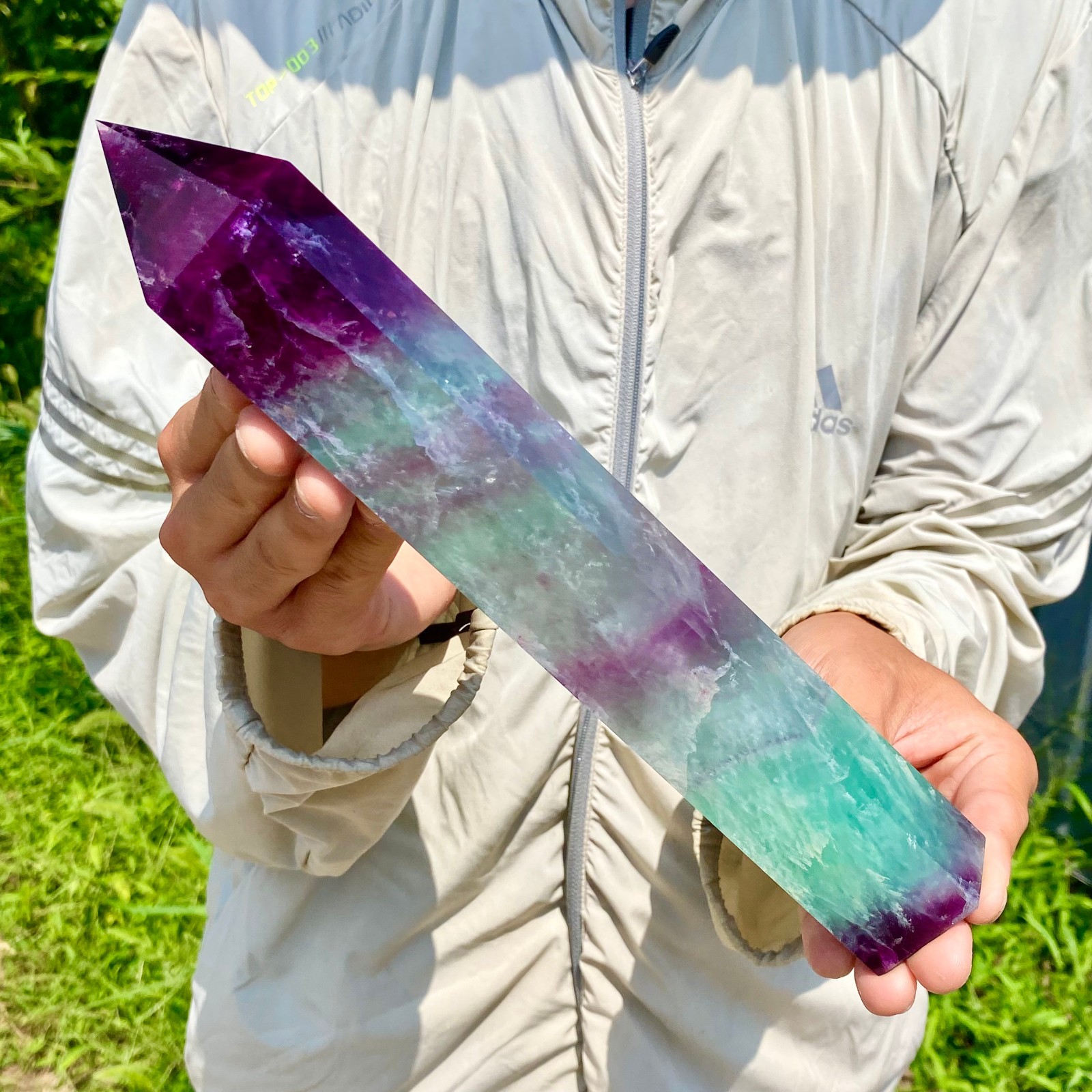 2.62LB Natural Rainbow Fluorite Obelisk Quartz Crystal Wand Tower Point Healing