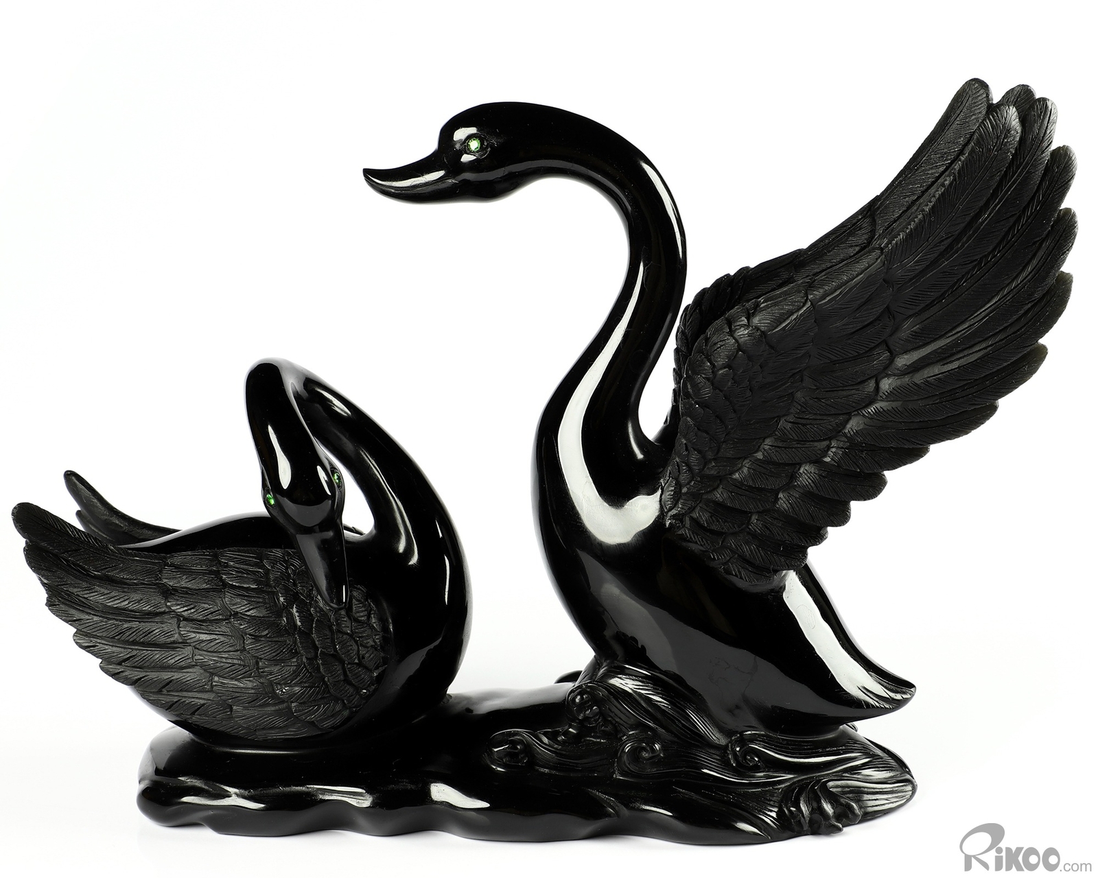 BEAUTIFUL 8.1″ Black Obsidian Carved swan Swans Sculpture Green Garnet Eyes