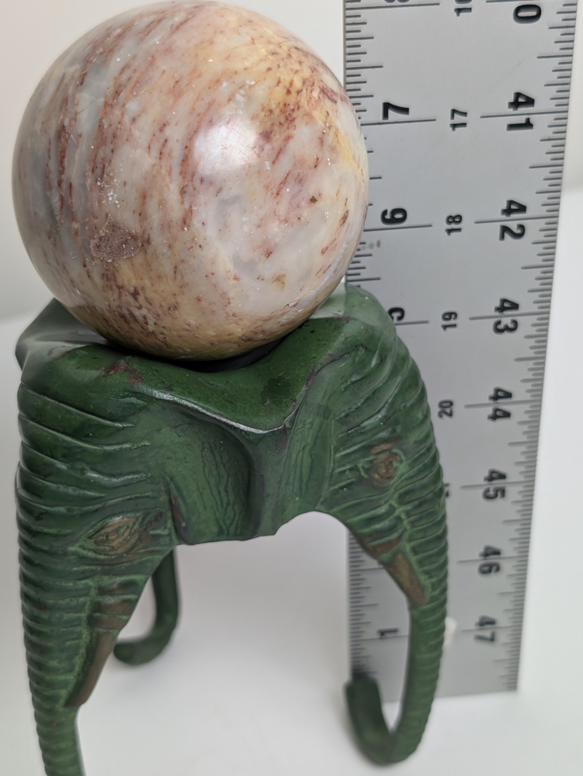 Elephant Head Sphere Stand w Marble Onyx Ball Verdigris Green 8″