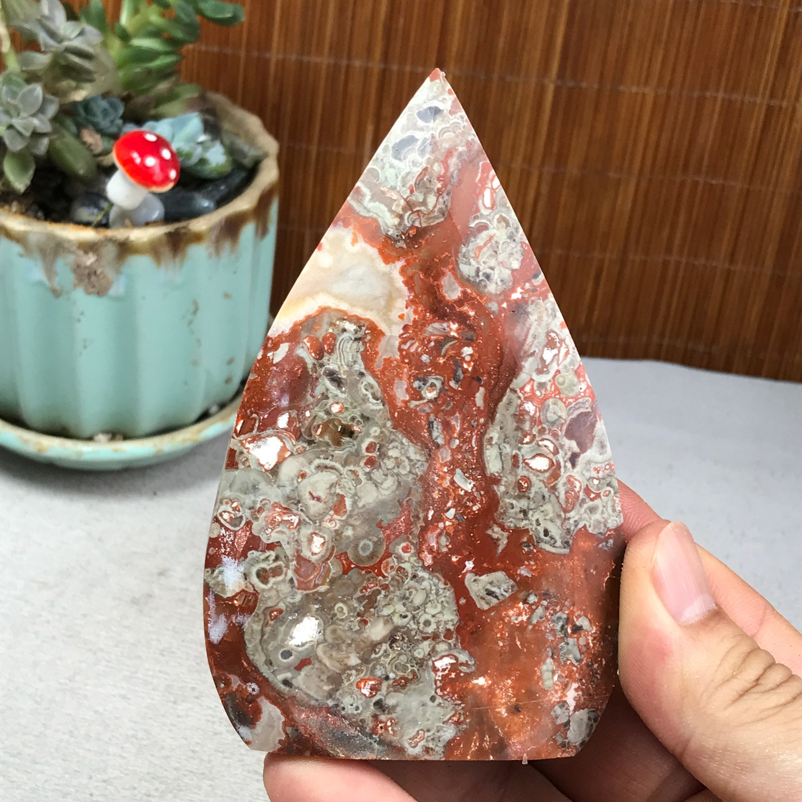 Natural money Mexico agate hand carve leaf Crystal Specimen free standing A6259
