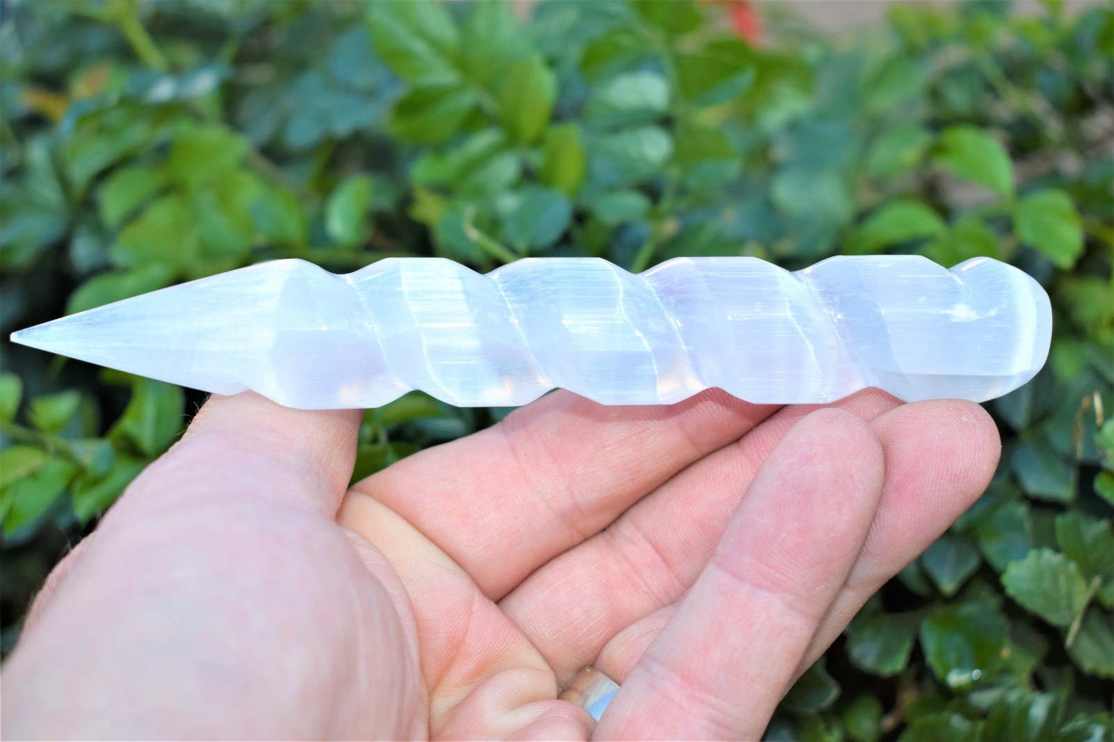 6″ Spiral Faceted Selenite Crystal Massage Wand + Baby Moroccan Selenite Heart
