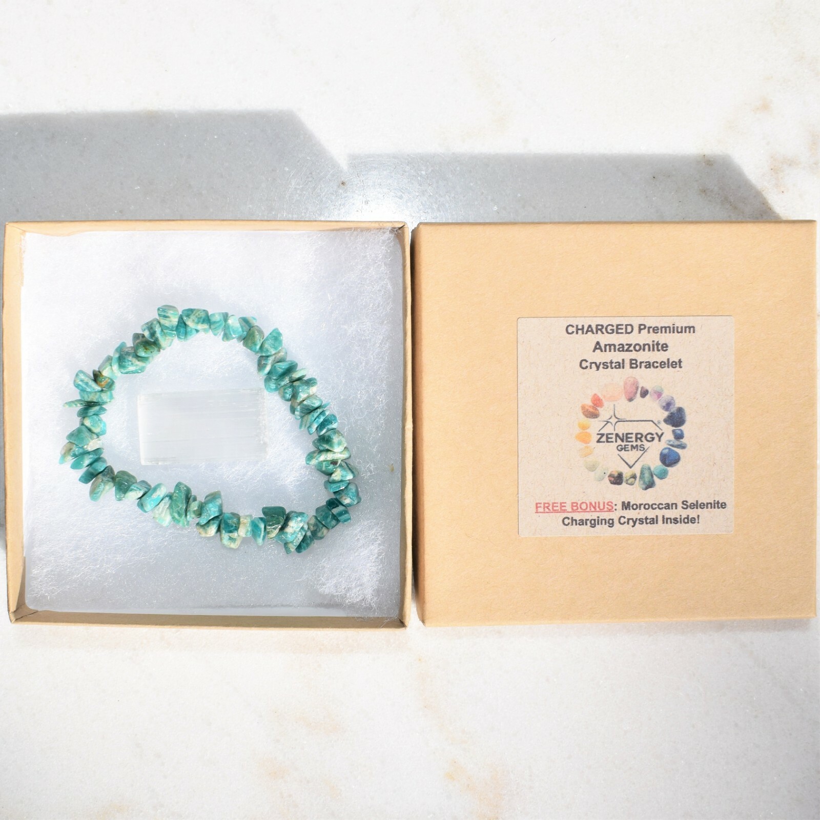 Premium CHARGED Amazonite Crystal Chip Stretchy Bracelet+ Selenite Puffy Heart