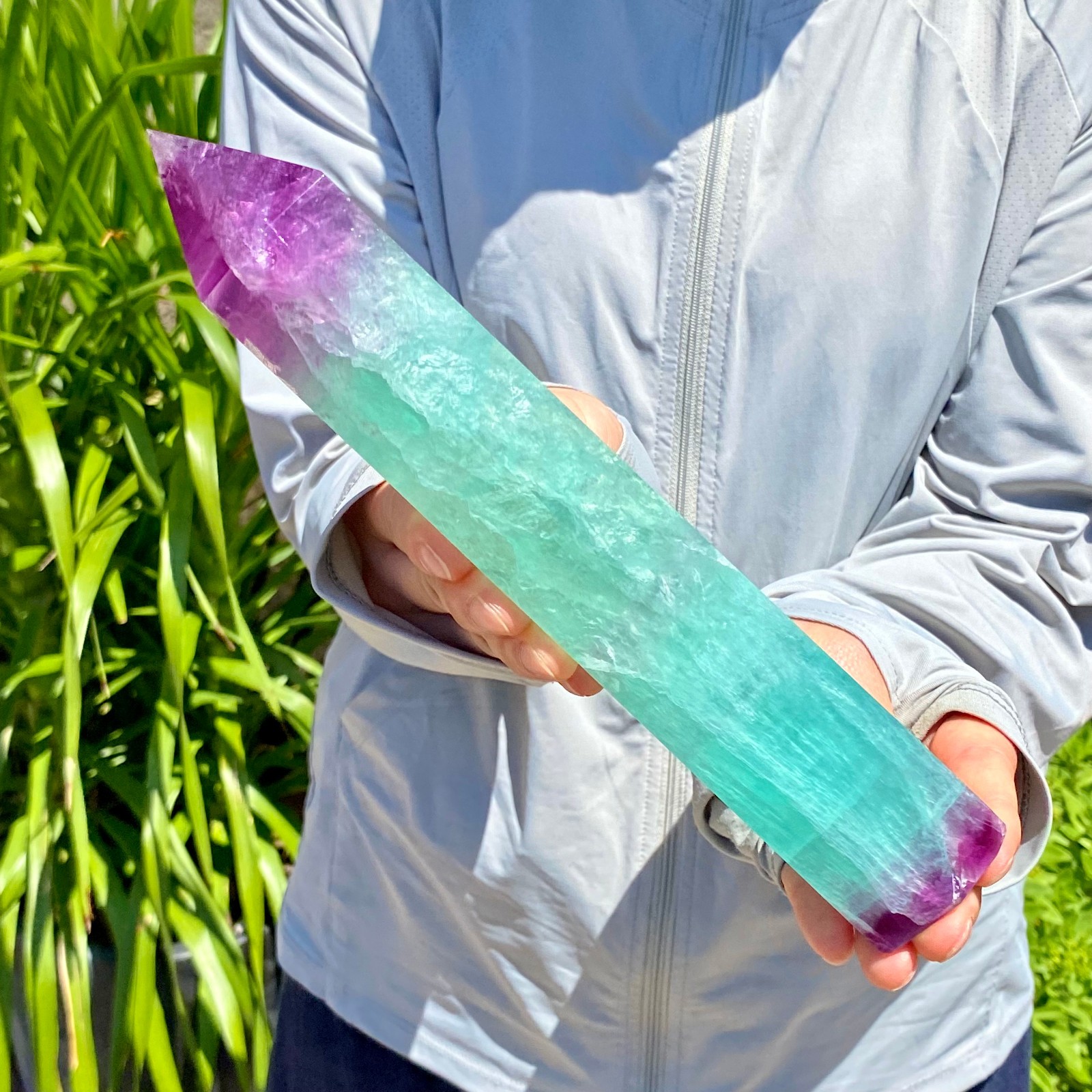 2.16LB Natural Rainbow Fluorite Obelisk Quartz Crystal Wand Tower Point Healing