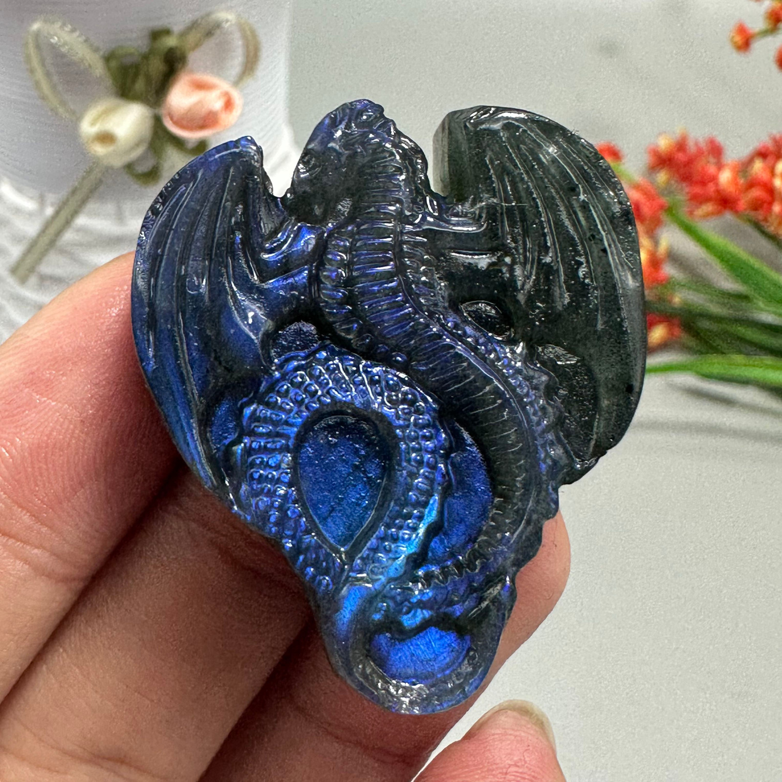 Natural Labradorite Carved dragon Quartz Skull Crystal Specimen Healing 1PC