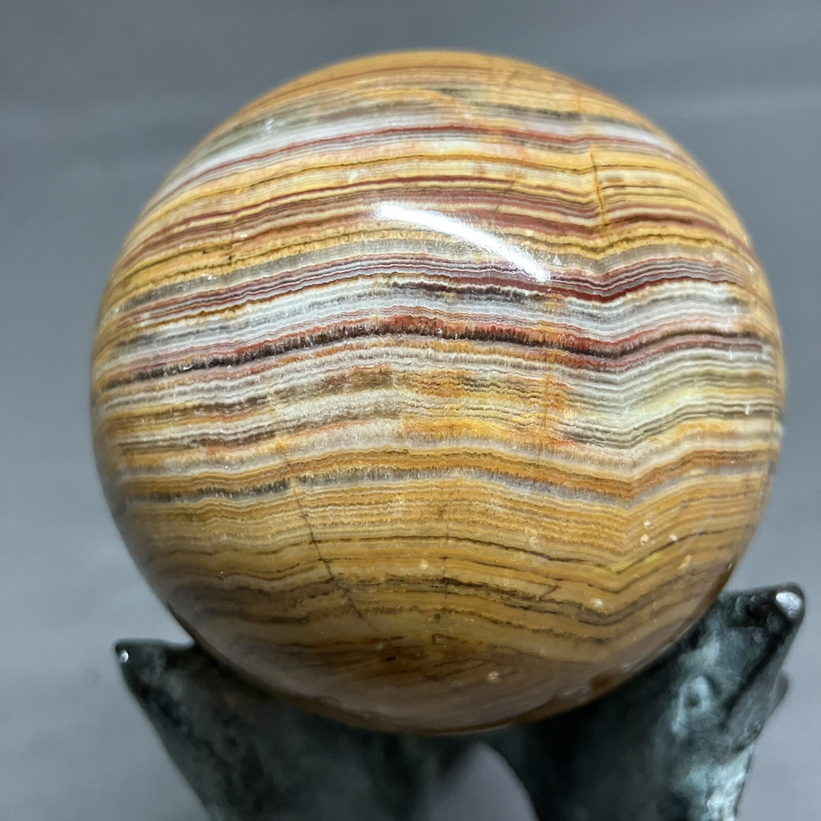 3” Banded Gemstone Dolphin Stand / Onyx ? Stone / Sphere Ball / 76mm / REPAIRED