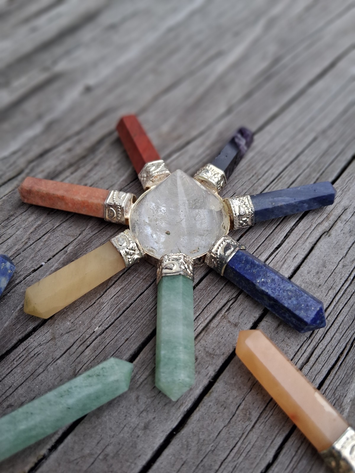 7 Chakra Stones w. Energy Focusing Center Crystal Cone Silver Band Set Of 3