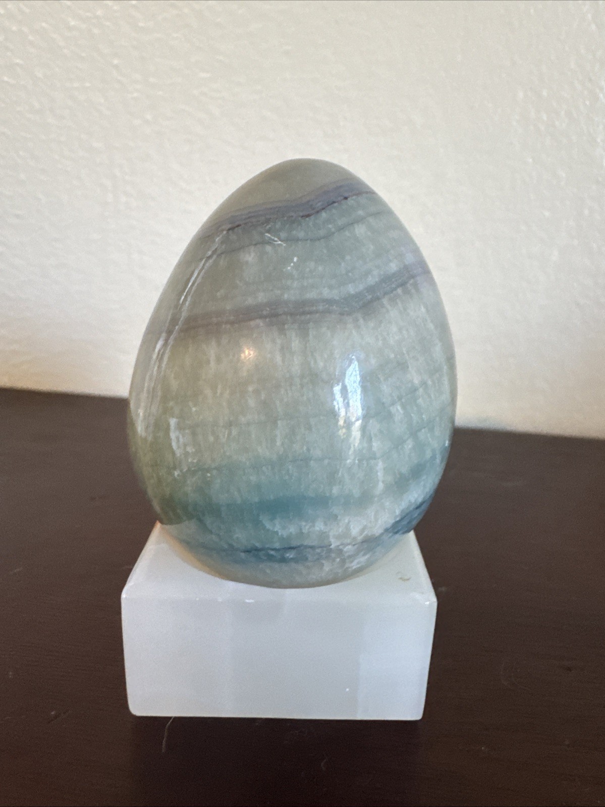 Polished Green Onyx Stone Egg Banded Calcite Decorative Display 3” w Stand