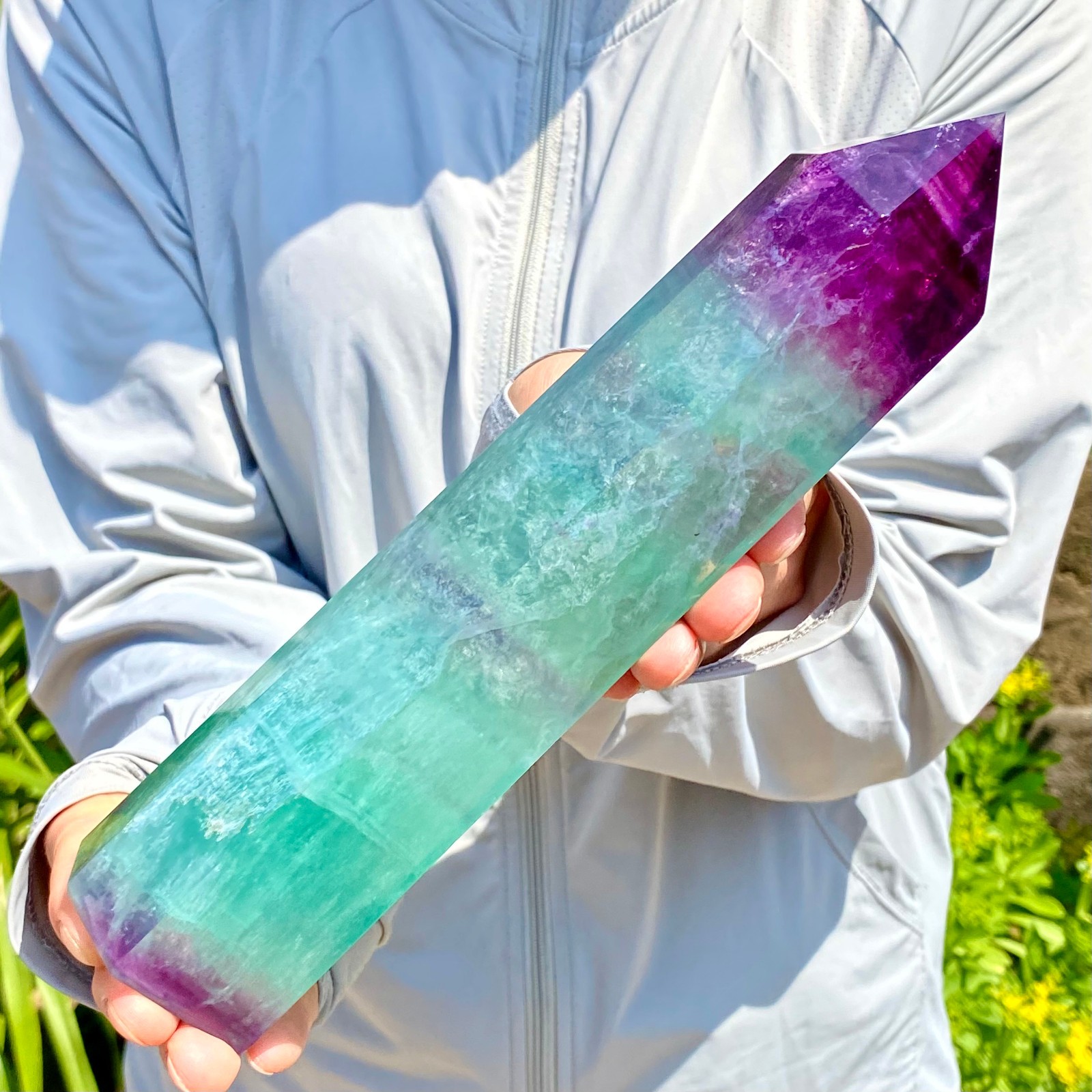 2.27LB Natural Rainbow Fluorite Obelisk Quartz Crystal Wand Tower Point Healing