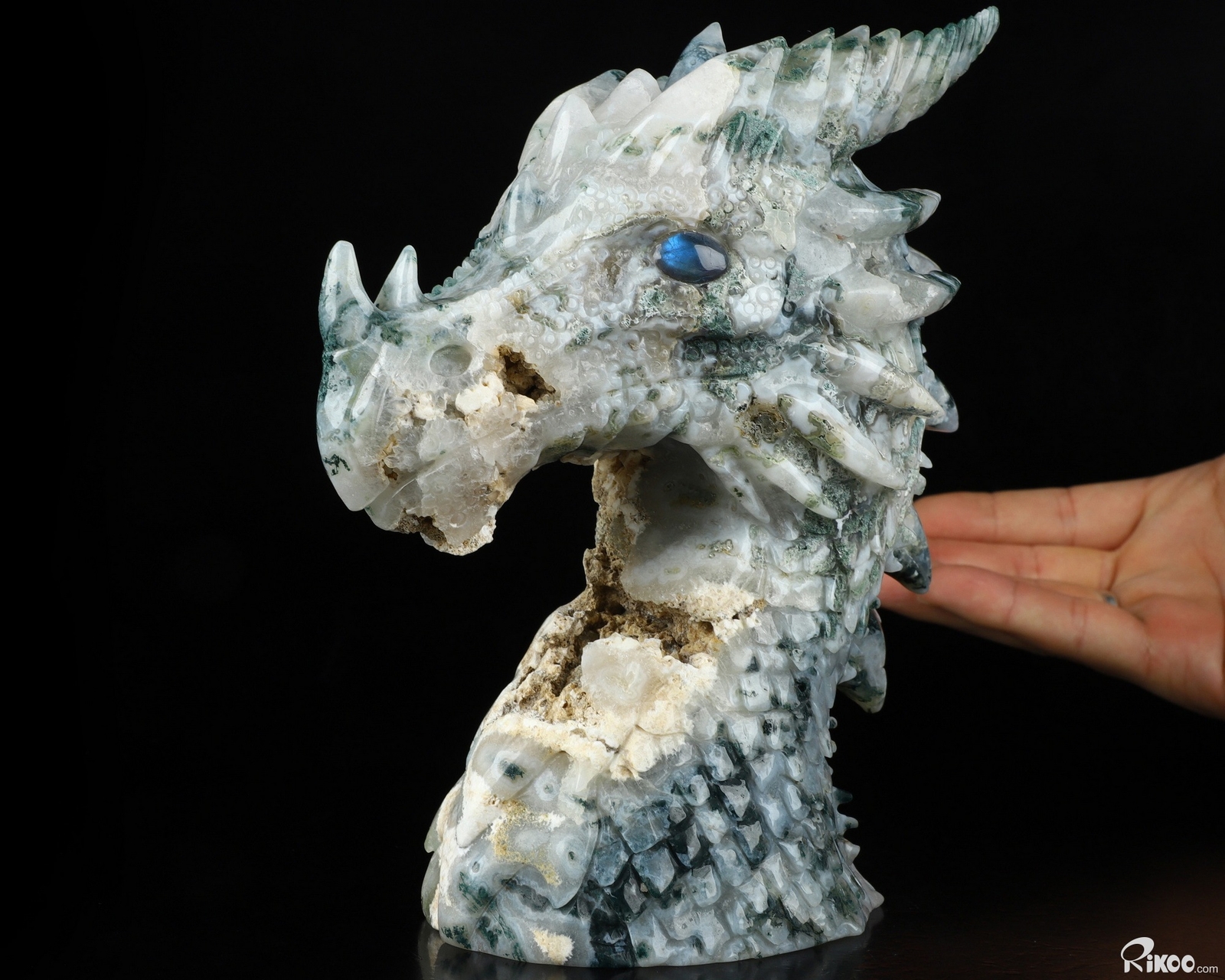6.9″ Green Moss Agate Carved Crystal Dragon & Labradorite Eyes , Realistic