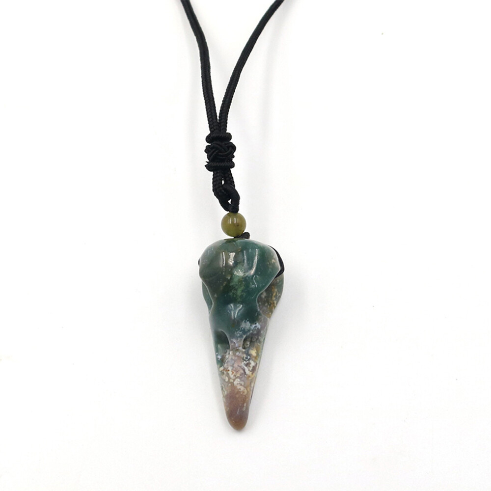 Crow Head Bird Skull Hand Pendant Natural Crystal Necklace Quartz Stone Carving