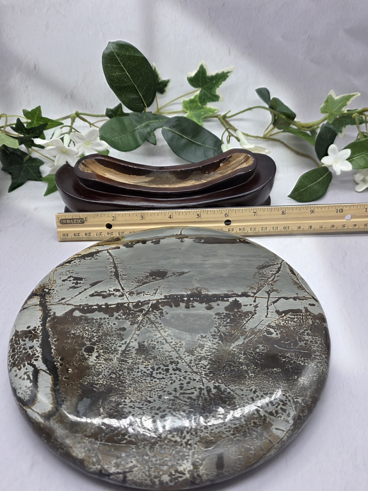 Large Round Picture Jasper Scenic Display Plaque with Wood Stand 5 Pounds +