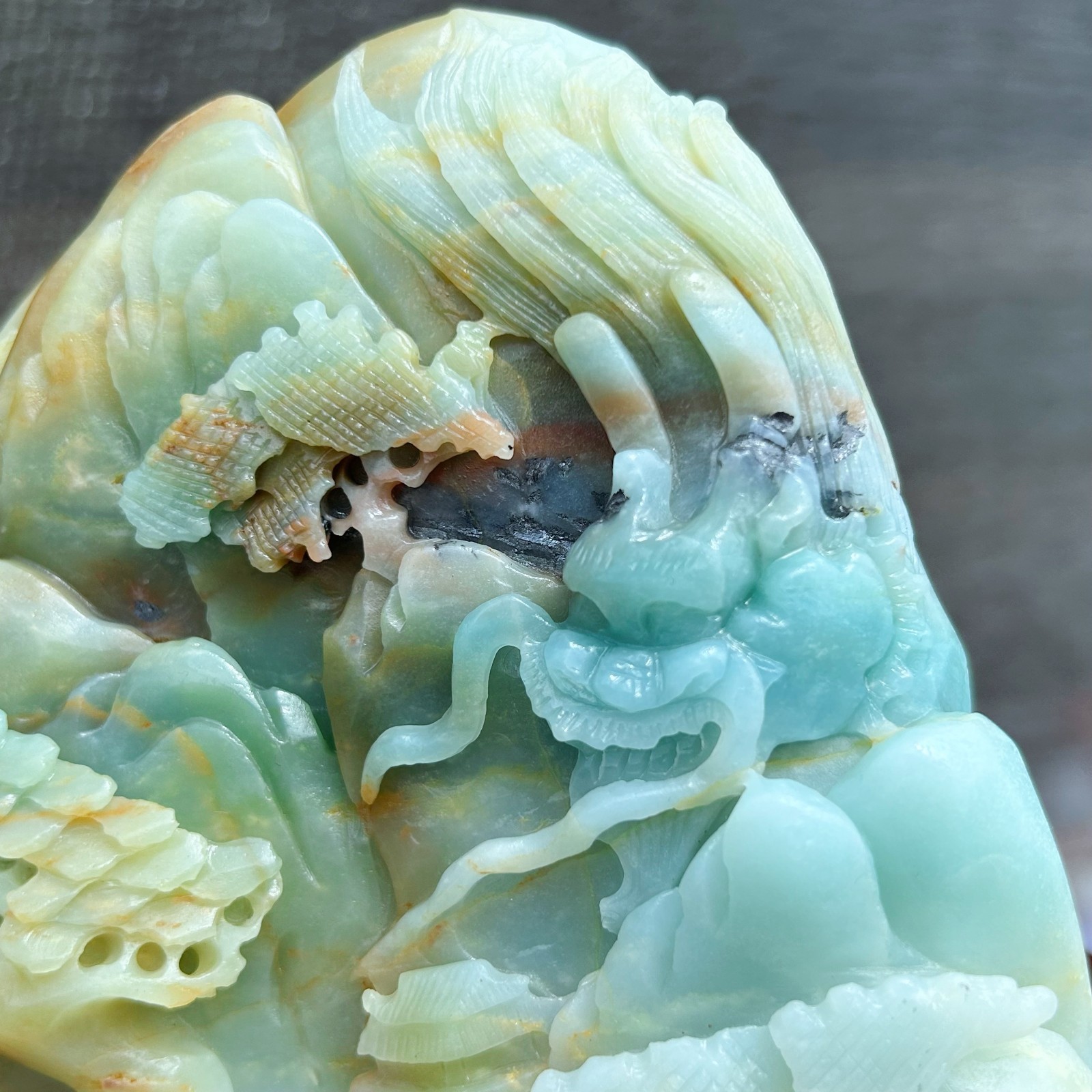 Natural Amazonite Quartz Crystal Hand-Carved Mountain Scenery Sculpture 3.4LB