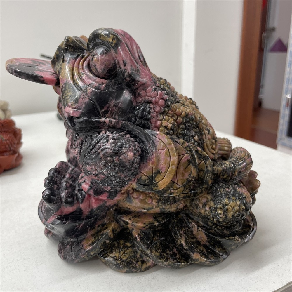 10.6LB 6.5″A+Natural Rhodonite Money Toad Crystal Hand Carved Statue Hand Carved