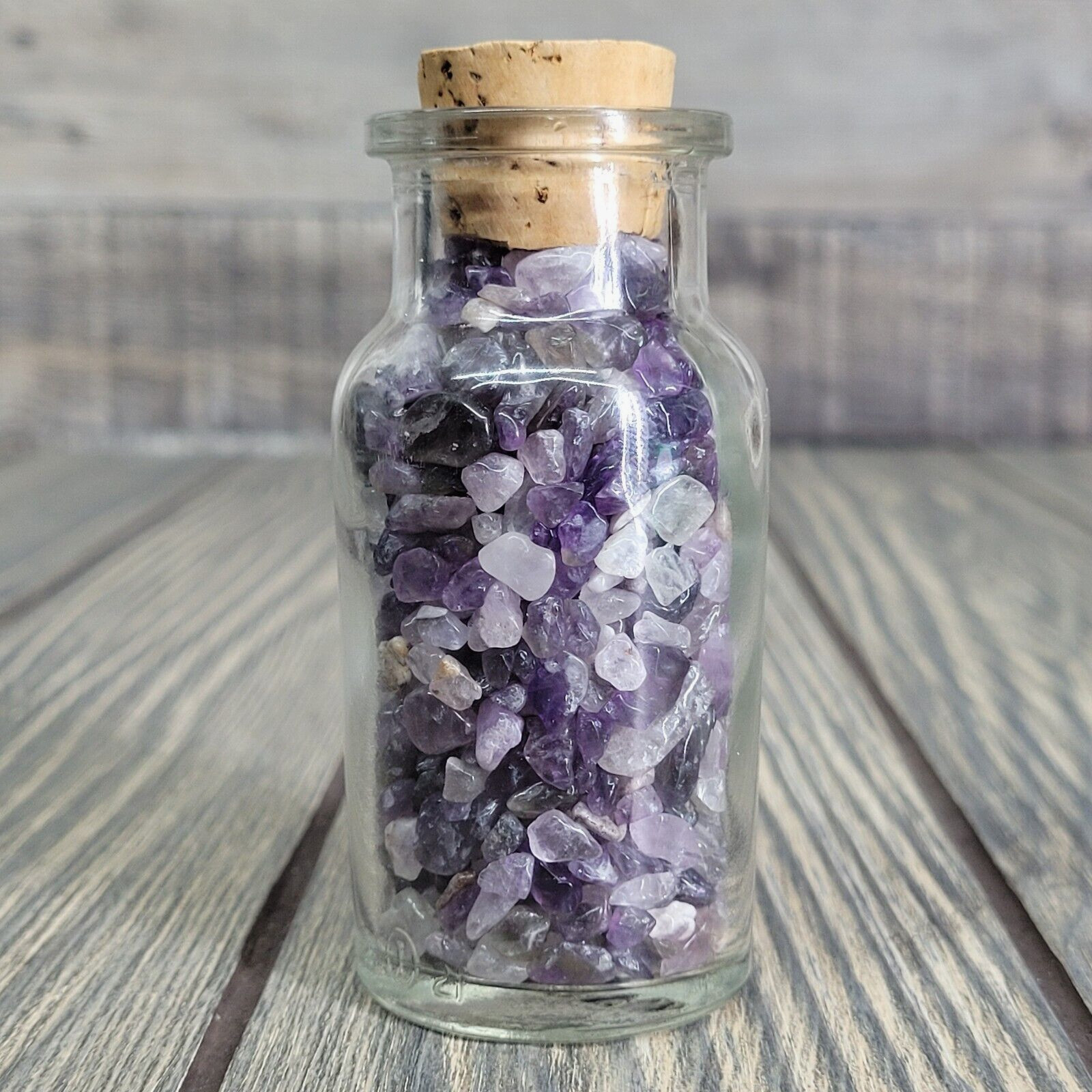 4oz Amethyst Tumbled Crystal Chips in Vintage Apothecary Glass Jar Wagner w/Cork