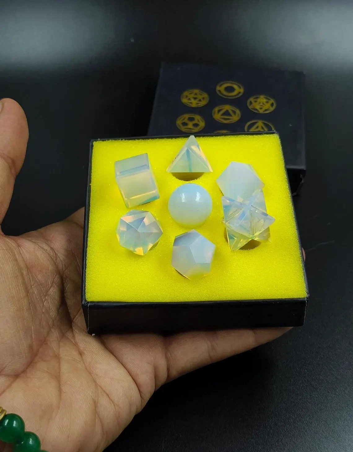 Opalite 7 Platonic Solids Sacred Geometry Crystal Set w/ Box Reiki Gift Healing