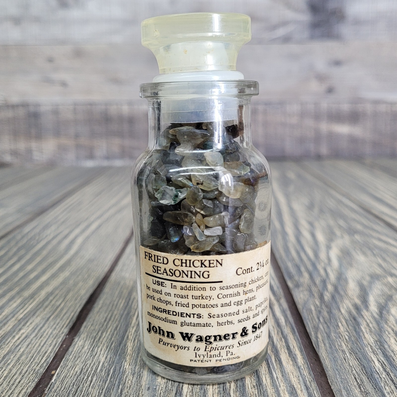 4oz Labradorite Crystal Tumbled Chips in Apothecary Vintage Glass Jar Wagner