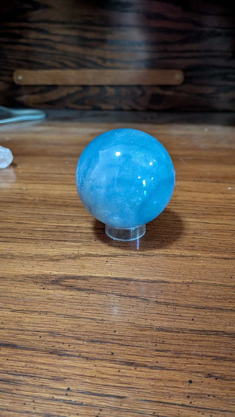 Polished Blue Opalite Glass Sphere Ball on Clear Stand, Display Sphere Decor