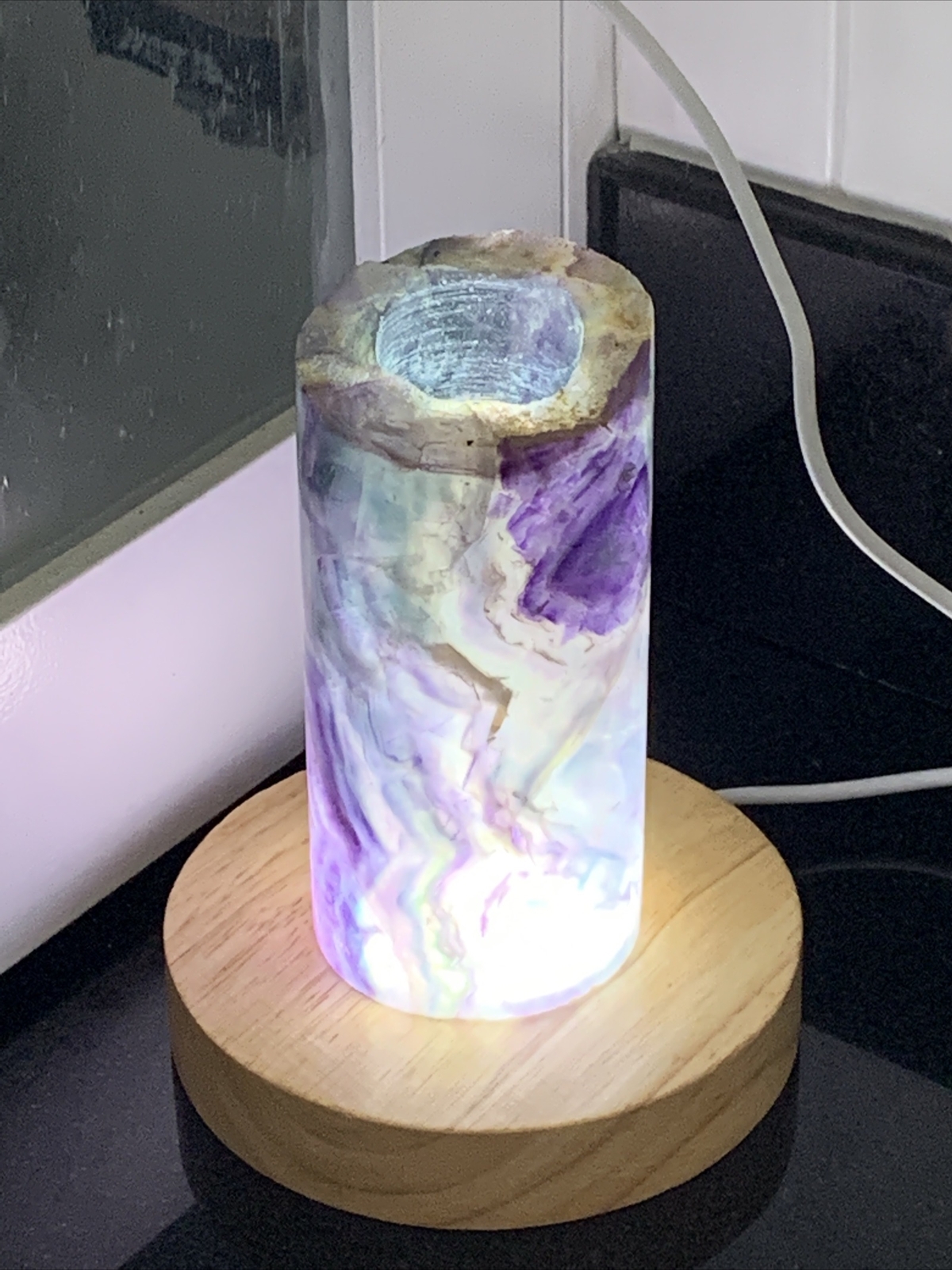 Rainbow Fluorite 4.25” Heavy Hollow Cylinder Night Light With LED Sphere Stand