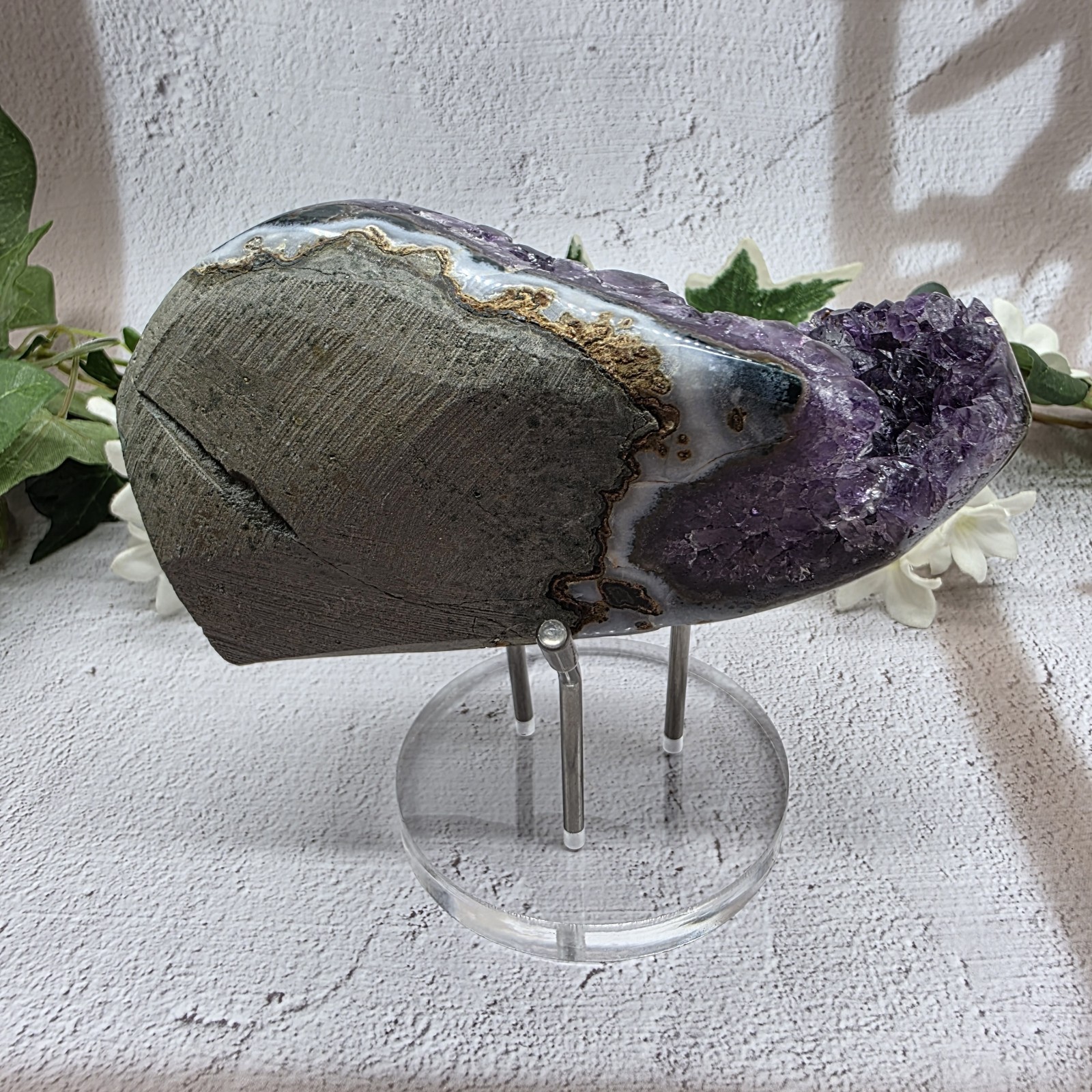 Uruguay Amethyst Druzy Geode Crystal Specimen w/ Acrylic Display Stand 1 Lb 6.6