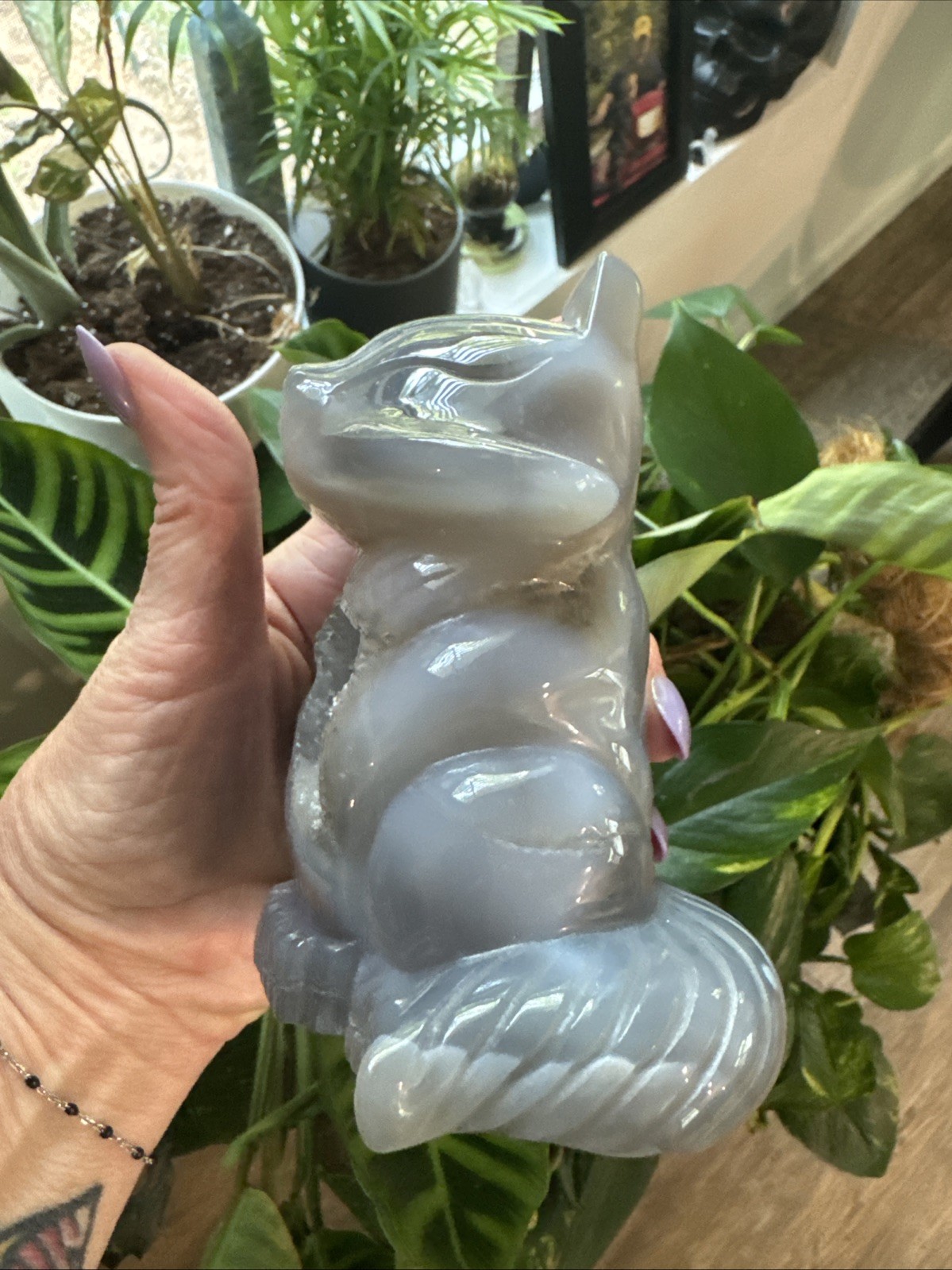 Druzy Agate Crystal Fox Carving 5.25” Over 1.5 Lbs