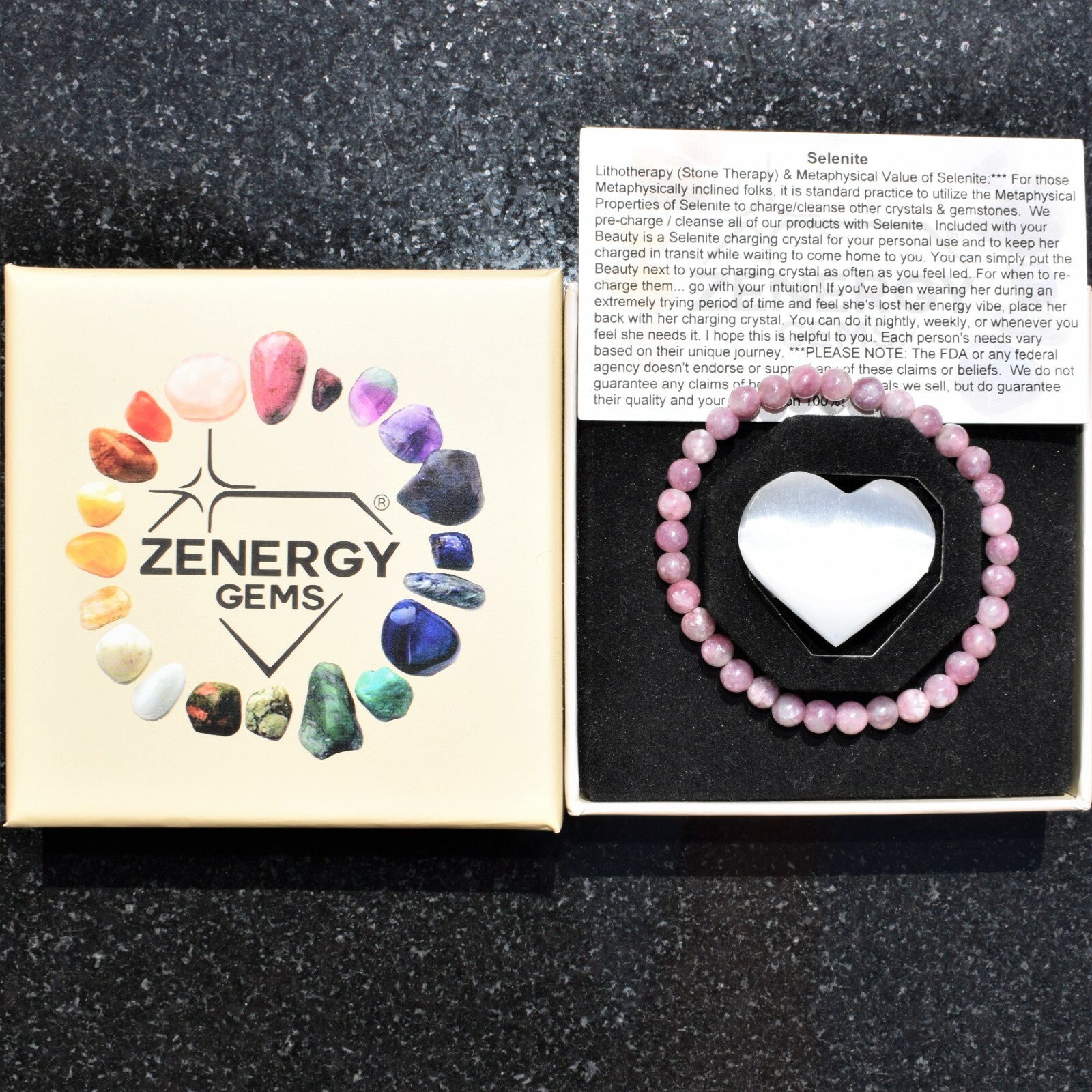 Premium CHARGED Lepidolite Crystal 6mm Bead Stretchy Bracelet + Selenite Heart