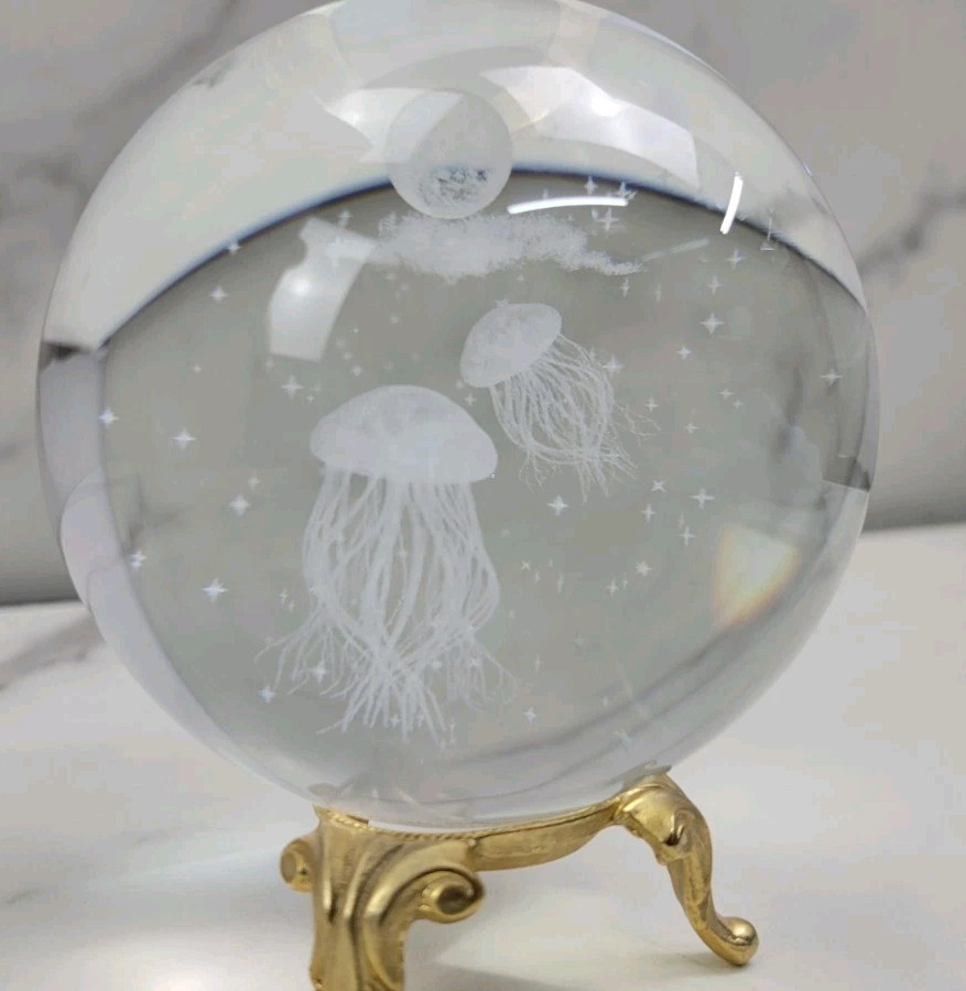 Jellyfish Crystal Ball No Stand, 3D Laser Engraved Glass Sphere Decorative Ball